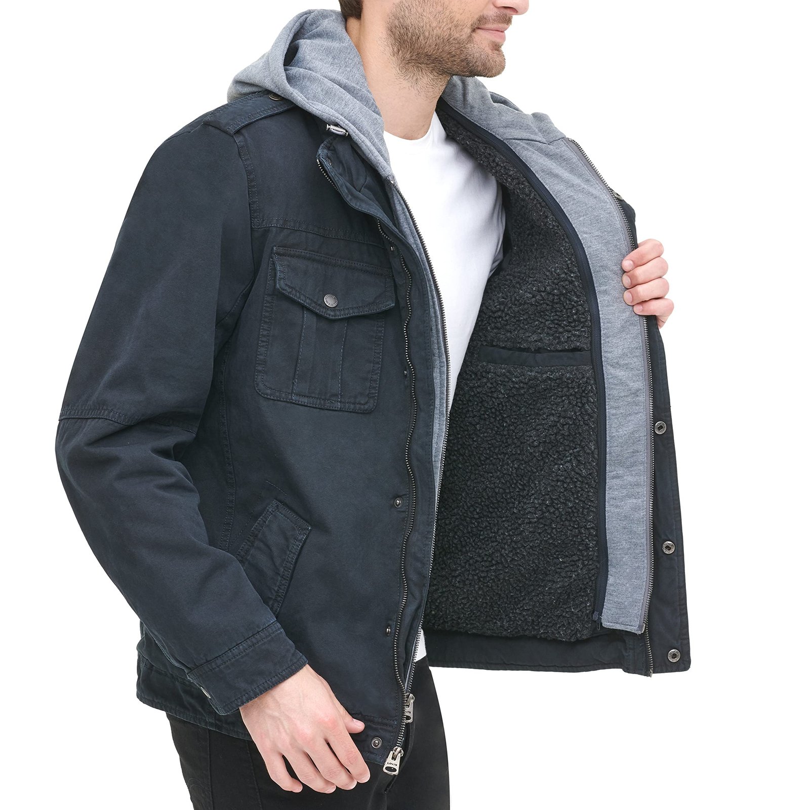 Men's Four-Pocket Hooded Jacket,Navy,X-Large