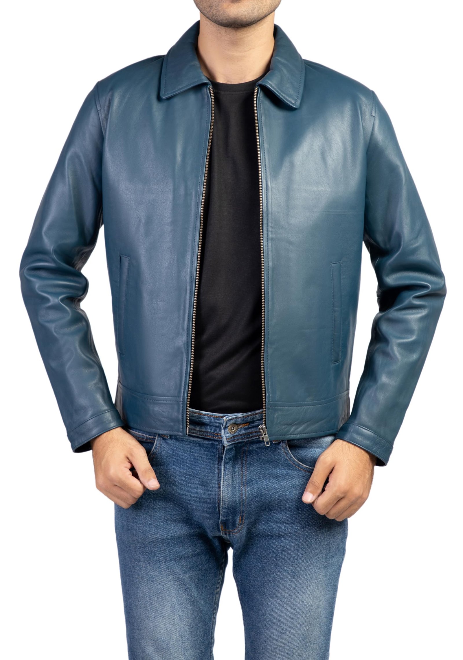 Polo Collar Premium Leather Jacket Men - Old School Classic Style Everyday Wear Real Lambskin Mens Leather Jacket, Blue, X-Large