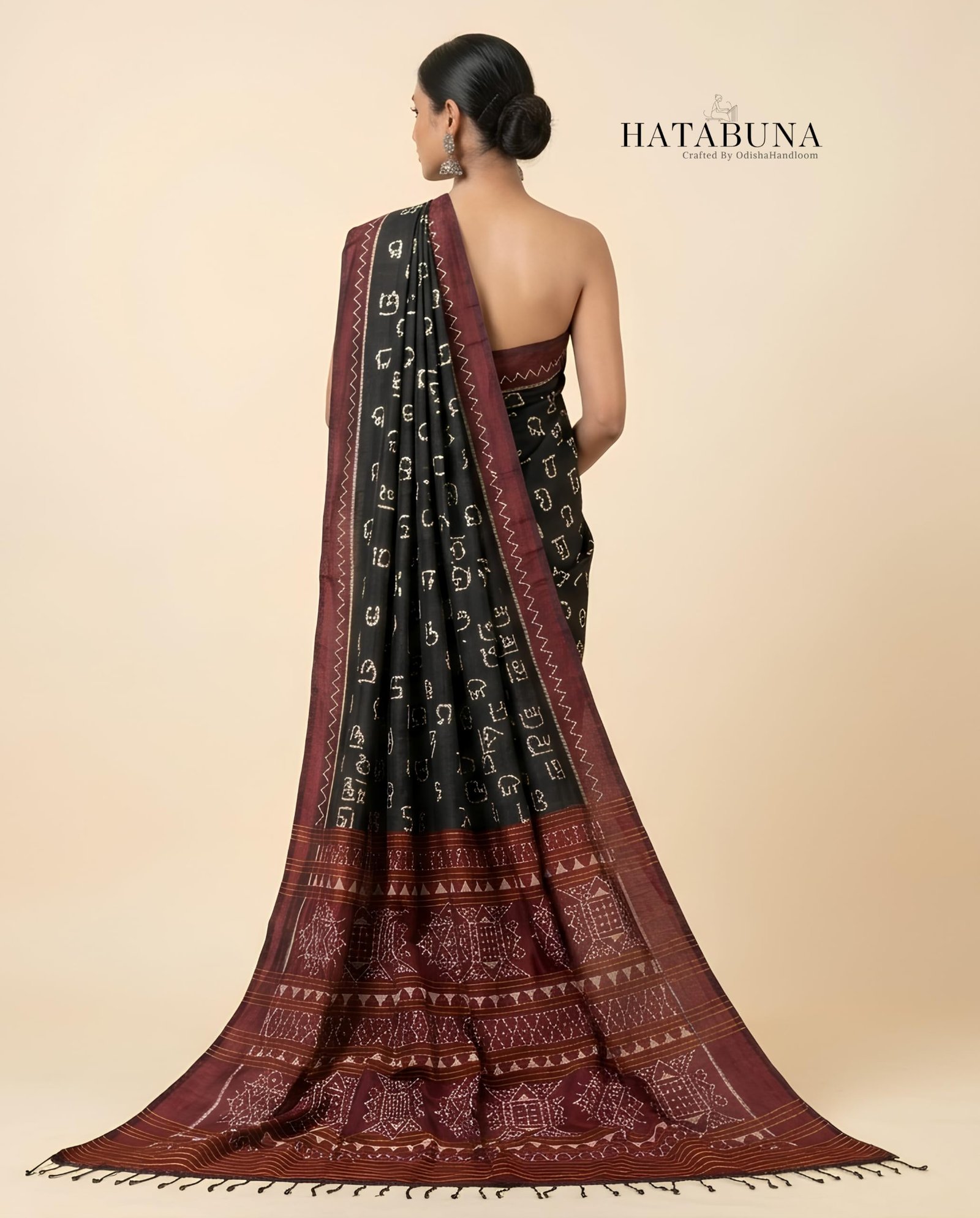 HATABUNA Pure Mulberry Silk Handloom Saree | Premium Odia Letter Ikat Designer Saree | 100% Handwoven Silk | Traditional Sambalpuri Ikat | Maroon & Black | With Blouse Piece