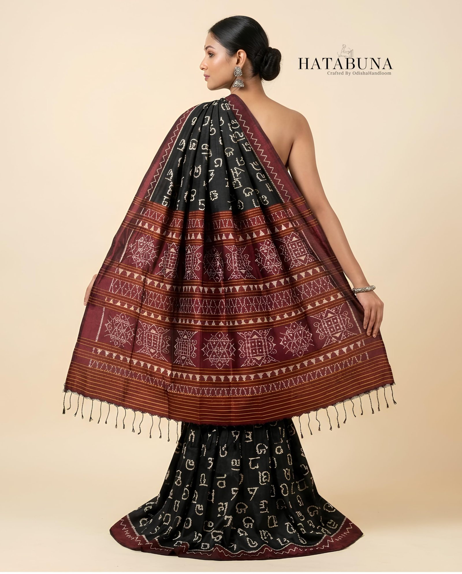 HATABUNA Pure Mulberry Silk Handloom Saree | Premium Odia Letter Ikat Designer Saree | 100% Handwoven Silk | Traditional Sambalpuri Ikat | Maroon & Black | With Blouse Piece
