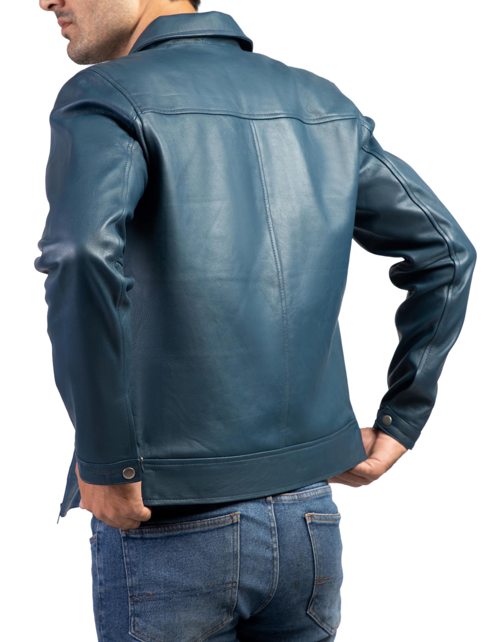 Polo Collar Premium Leather Jacket Men - Old School Classic Style Everyday Wear Real Lambskin Mens Leather Jacket, Blue, X-Large