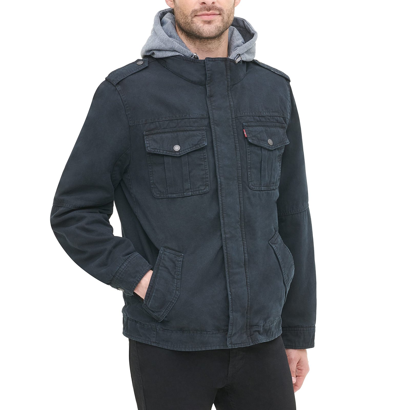 Men's Four-Pocket Hooded Jacket,Navy,X-Large