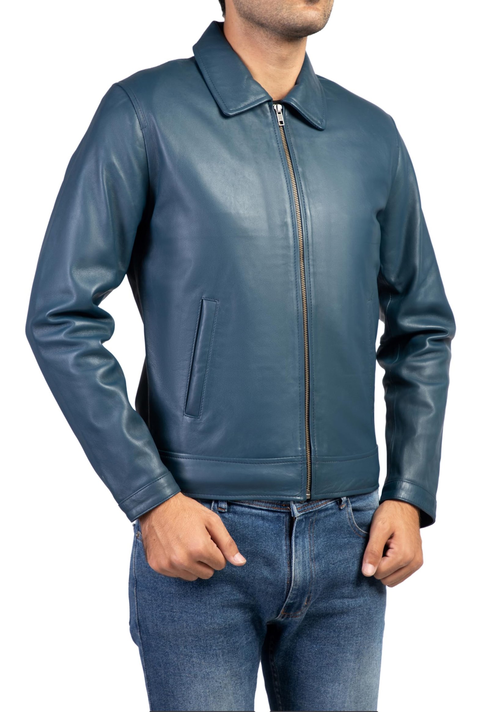 Polo Collar Premium Leather Jacket Men - Old School Classic Style Everyday Wear Real Lambskin Mens Leather Jacket, Blue, X-Large