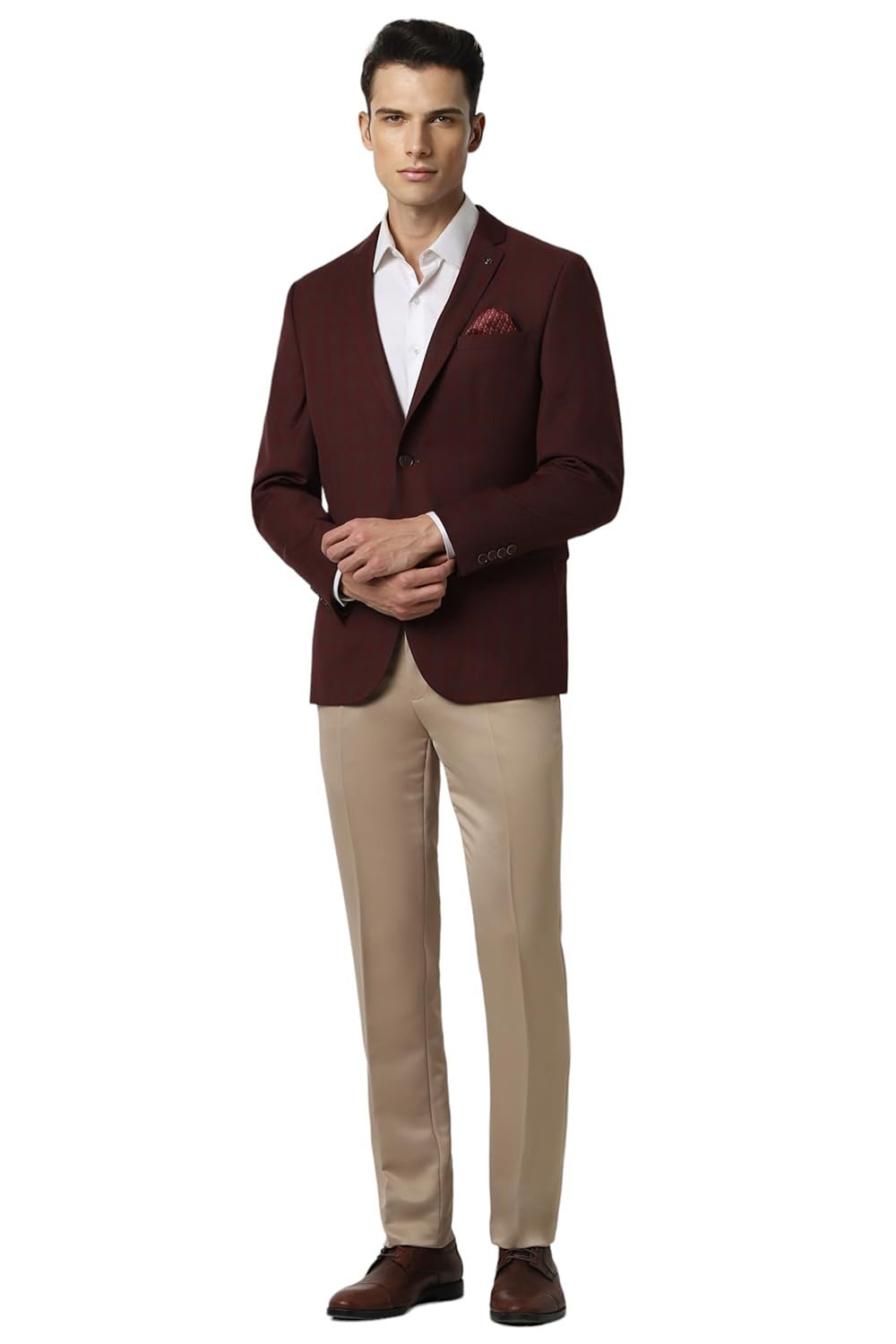Men Maroon Check Slim Fit Formal Blazer