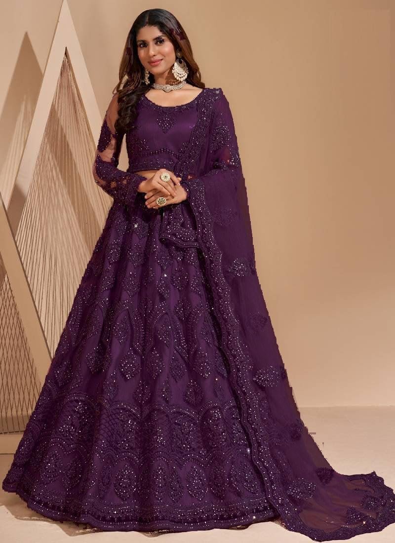 women lehenga choli | net febric lehnega choli and dupatta | Round Neck Ethnic Outfit (Wine, Free)
