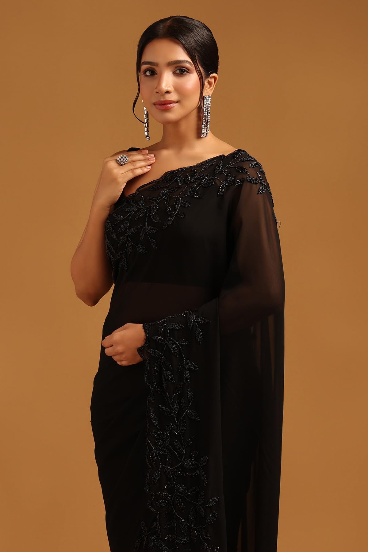 Womens Black Georgette Botanical Saree With Beads