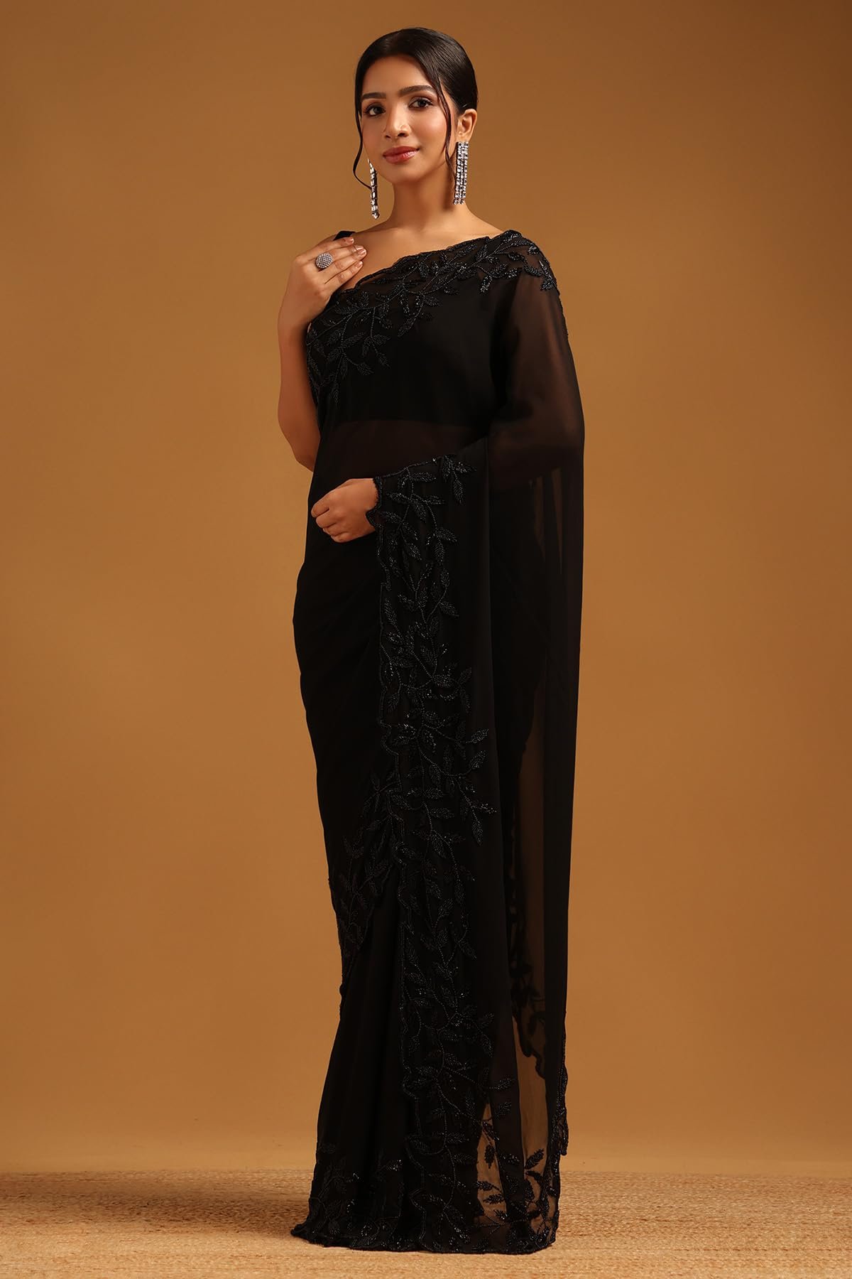 Womens Black Georgette Botanical Saree With Beads