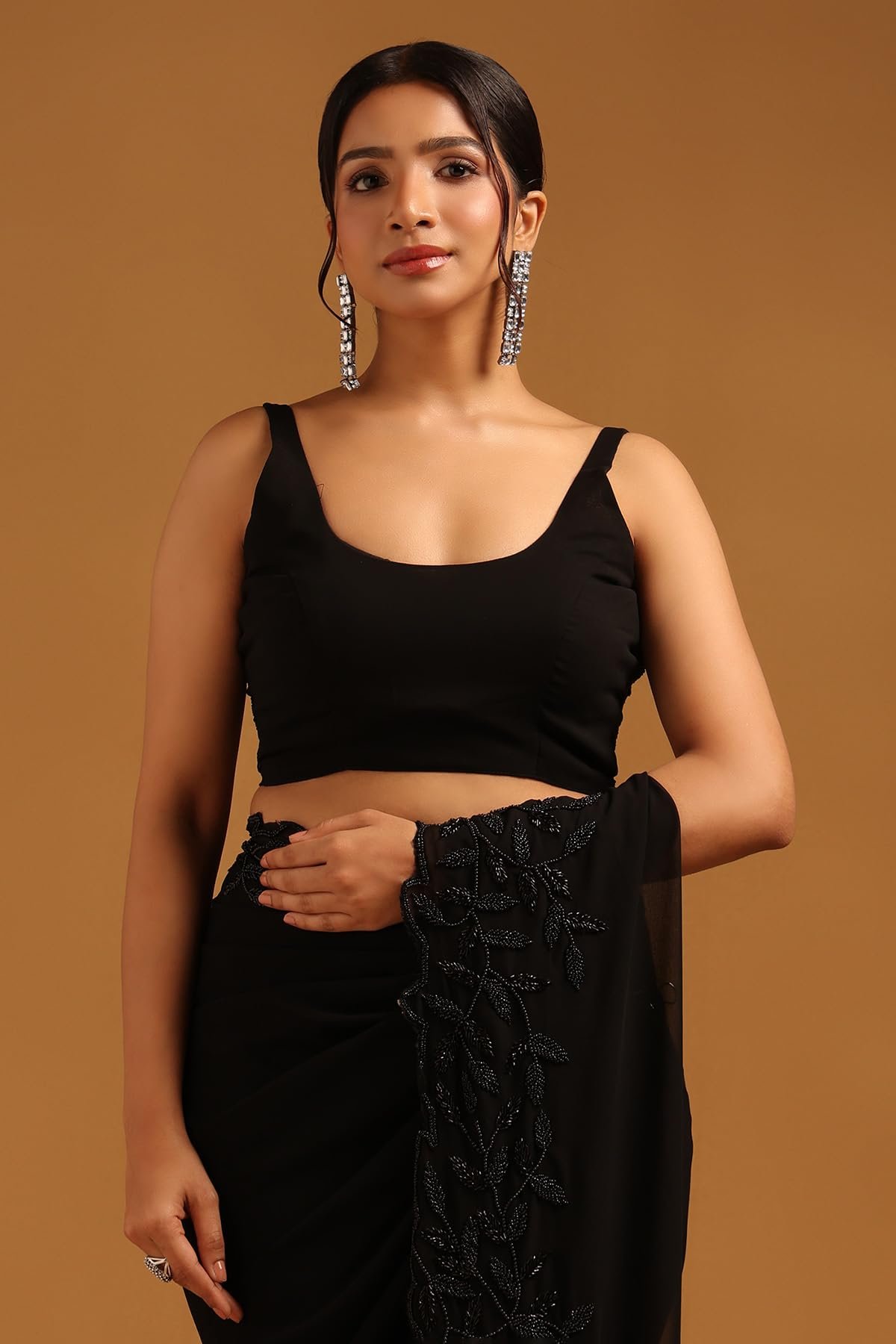 Womens Black Georgette Botanical Saree With Beads