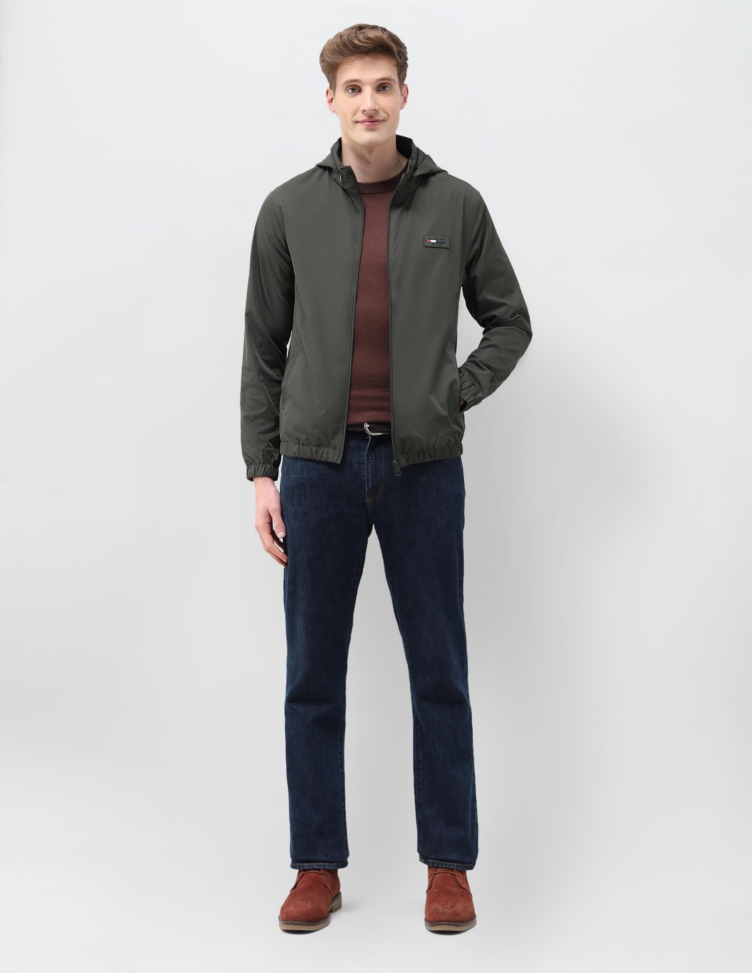 Mens Transitional Jacket With Conceled Hood Full Sleeve Jackets (USJCKS030_DK-OLIVE)