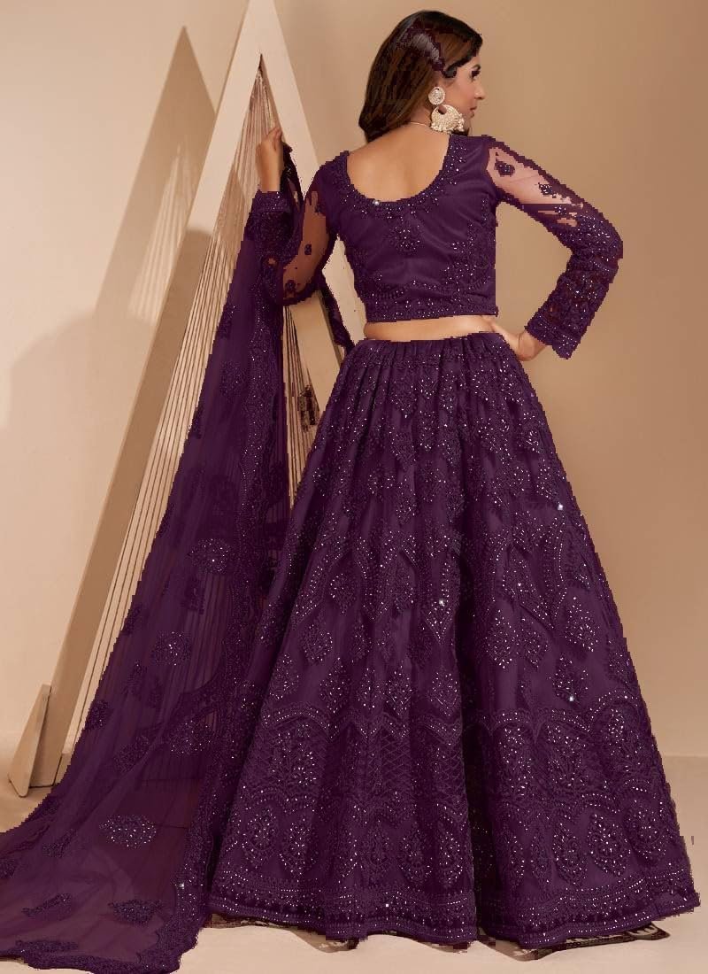 women lehenga choli | net febric lehnega choli and dupatta | Round Neck Ethnic Outfit (Wine, Free)