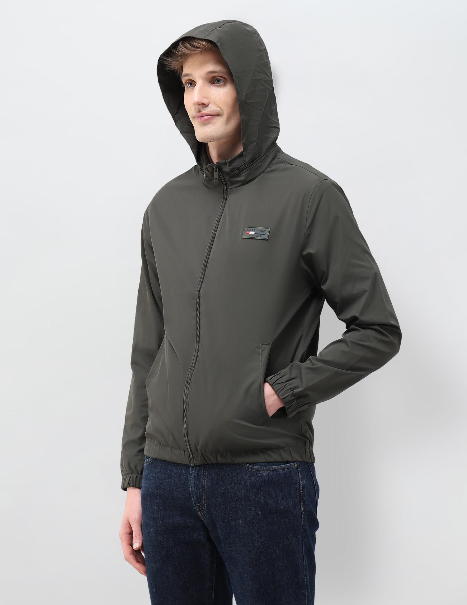Mens Transitional Jacket With Conceled Hood Full Sleeve Jackets (USJCKS030_DK-OLIVE)