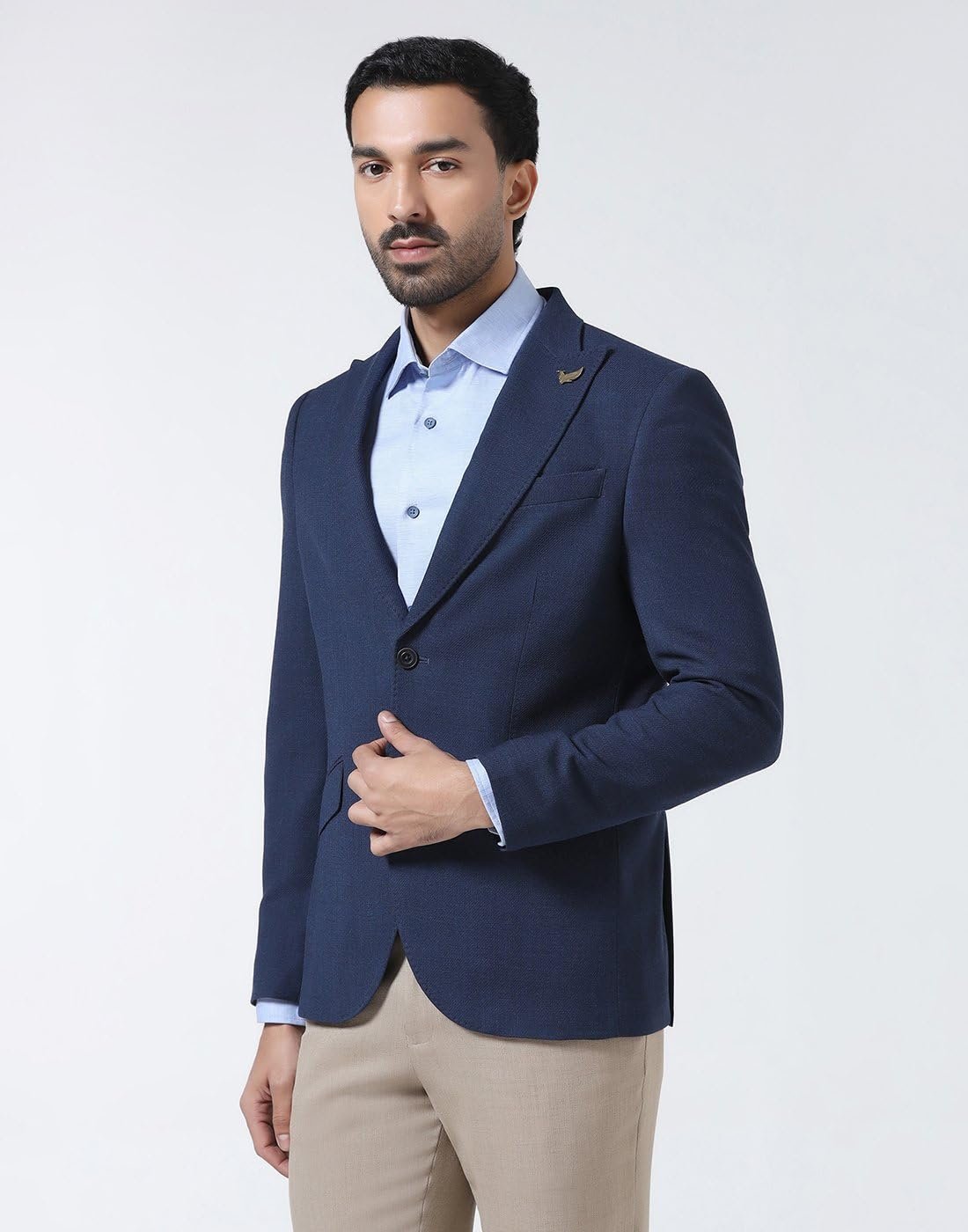 Men Wool Solid Slim Fit Blazers Blue