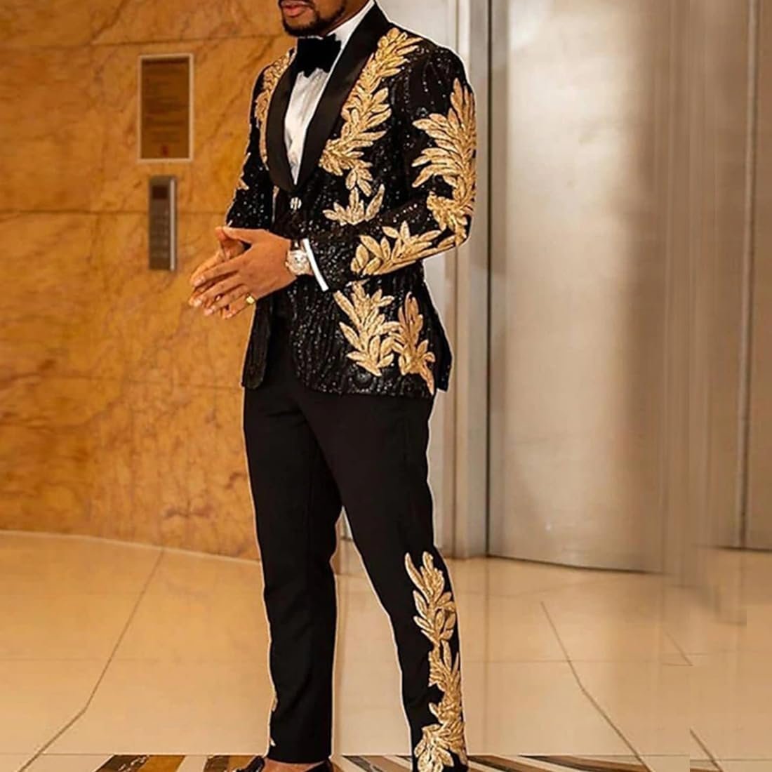 Men's High-end Positioning Sequins Luxury Suits One Button Shawl Lapel Blazer Jacket Pants,Men Tuxedo Suit Set, Gold, Medium