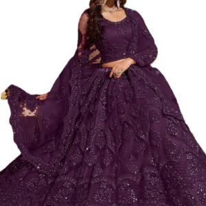 women lehenga choli | net febric lehnega choli and dupatta | Round Neck Ethnic Outfit (Wine, Free)