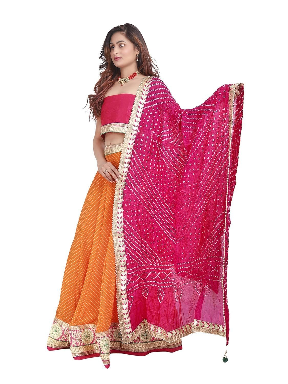 Women's Dupion Silk Readymade Lehenga Choli Lehanga lahriya nd dupptta Bhandhej top solid colour (R-130_Orange & Rani_Free Size)
