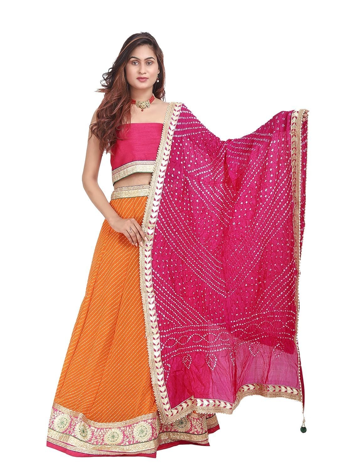 Women's Dupion Silk Readymade Lehenga Choli Lehanga lahriya nd dupptta Bhandhej top solid colour (R-130_Orange & Rani_Free Size)