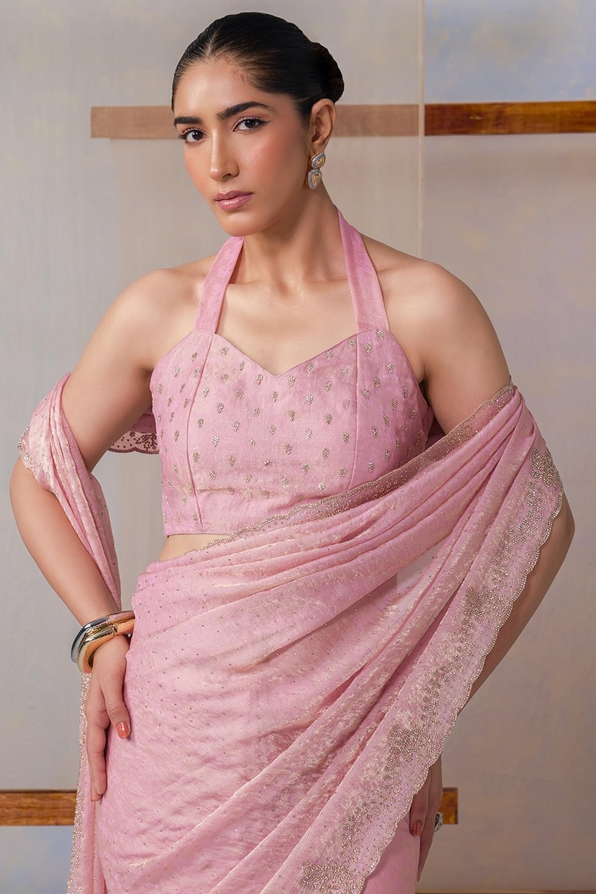 Womens Blush Pink Fendy Chiffon Embellished Saree With Stone Work