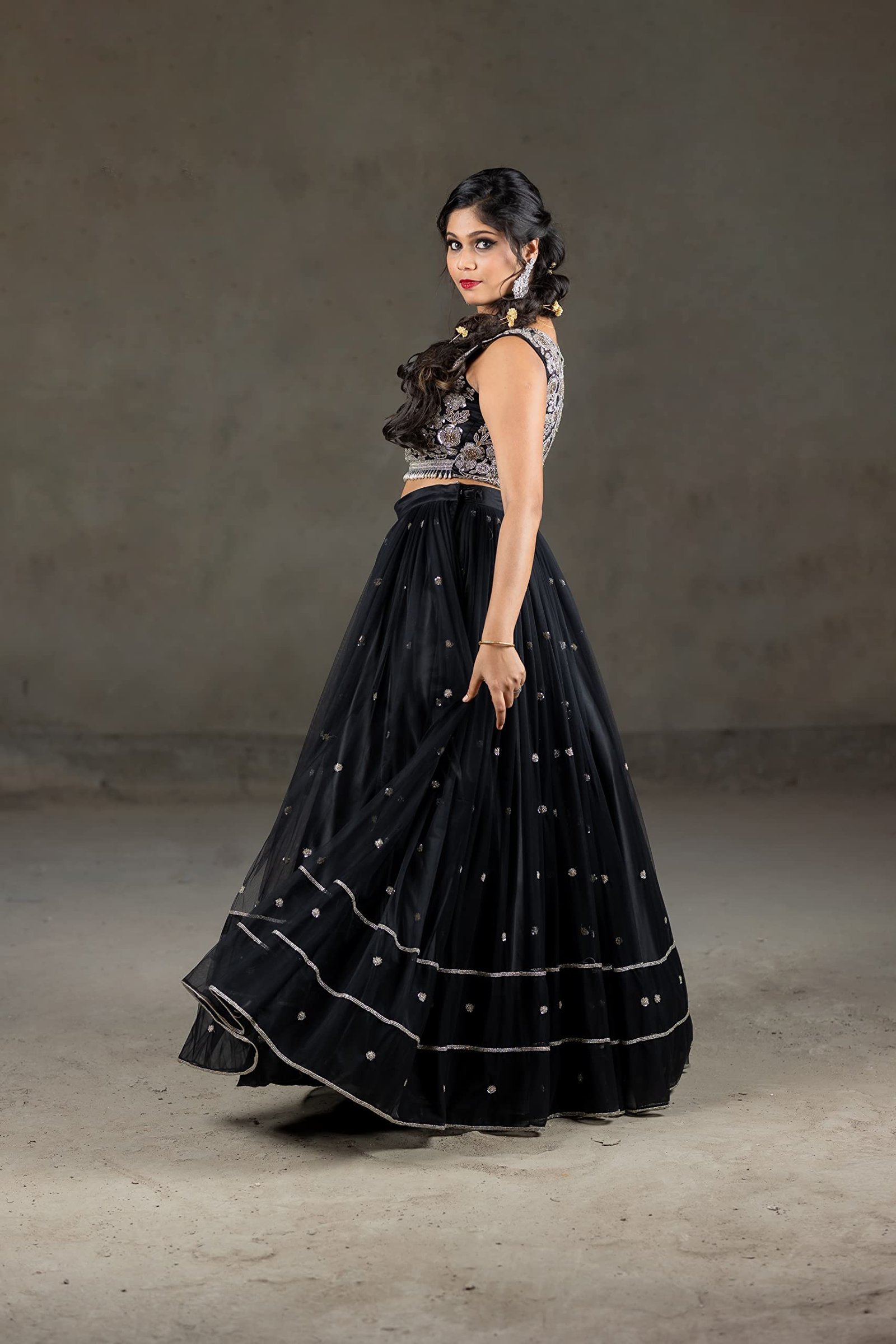 BLACK SLIVER EMBROIDERED CROP TOP & LEHENGA (Small)