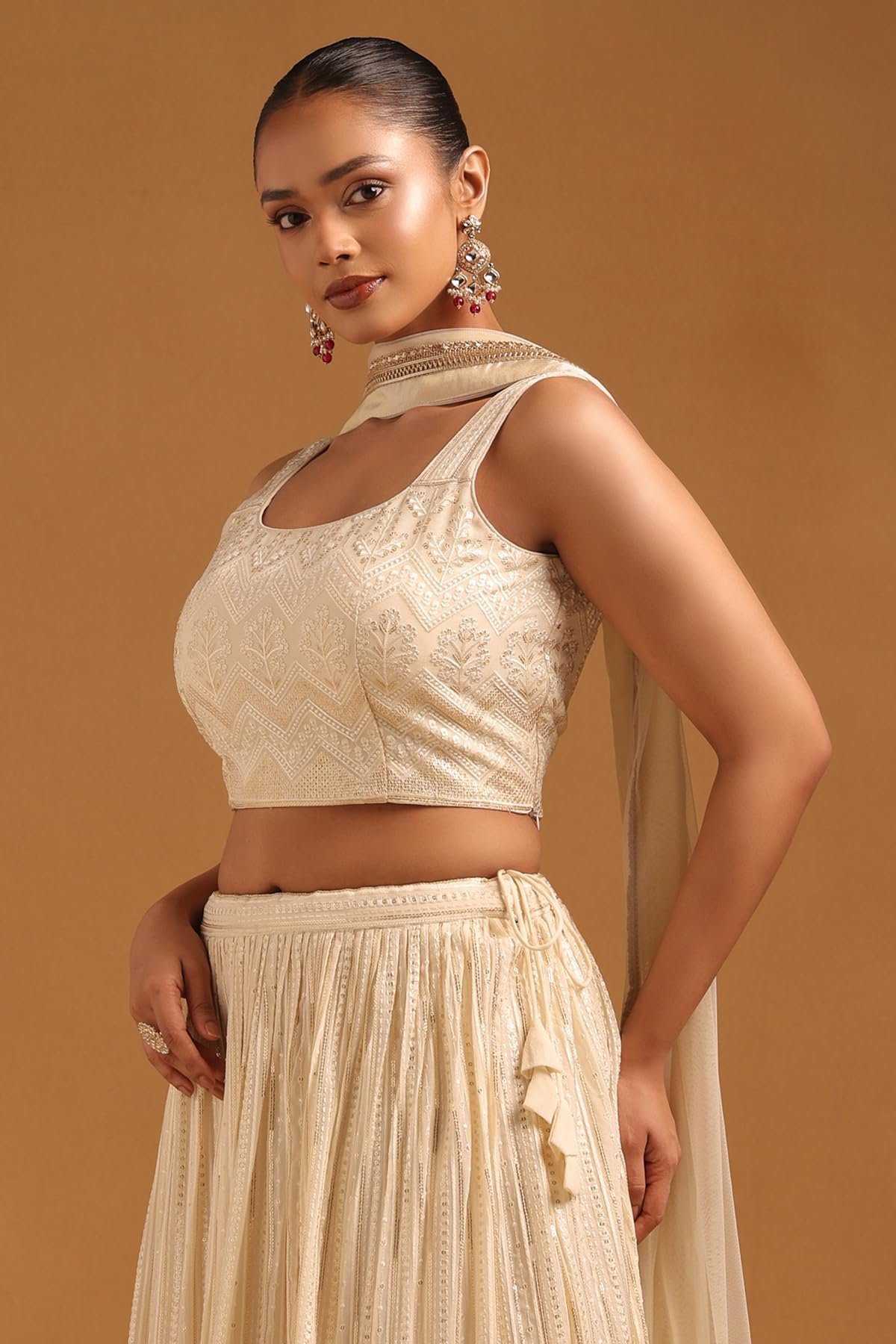 Womens Beige Georgette Ethnic Motifs Lehenga Choli Set With Sequined
