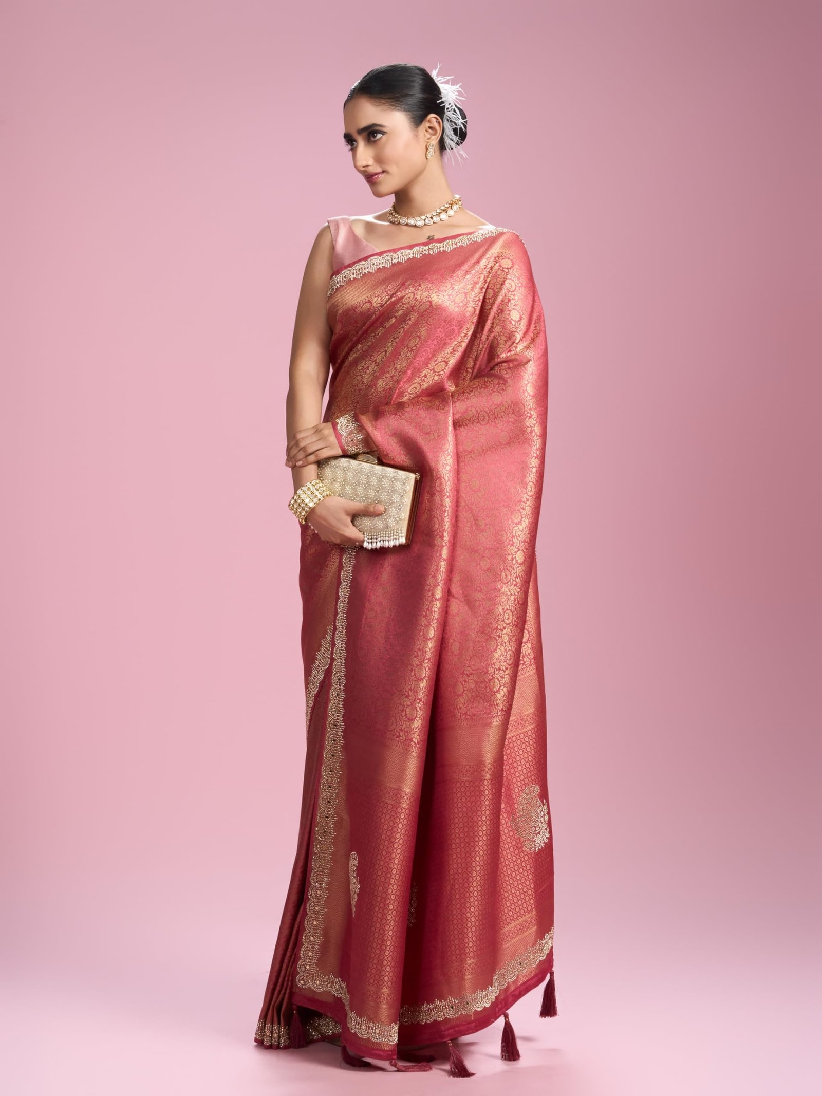 Women's Art Silk Mirror Work, Stone Work, Weave Saree with Blouse Piece(Coral)