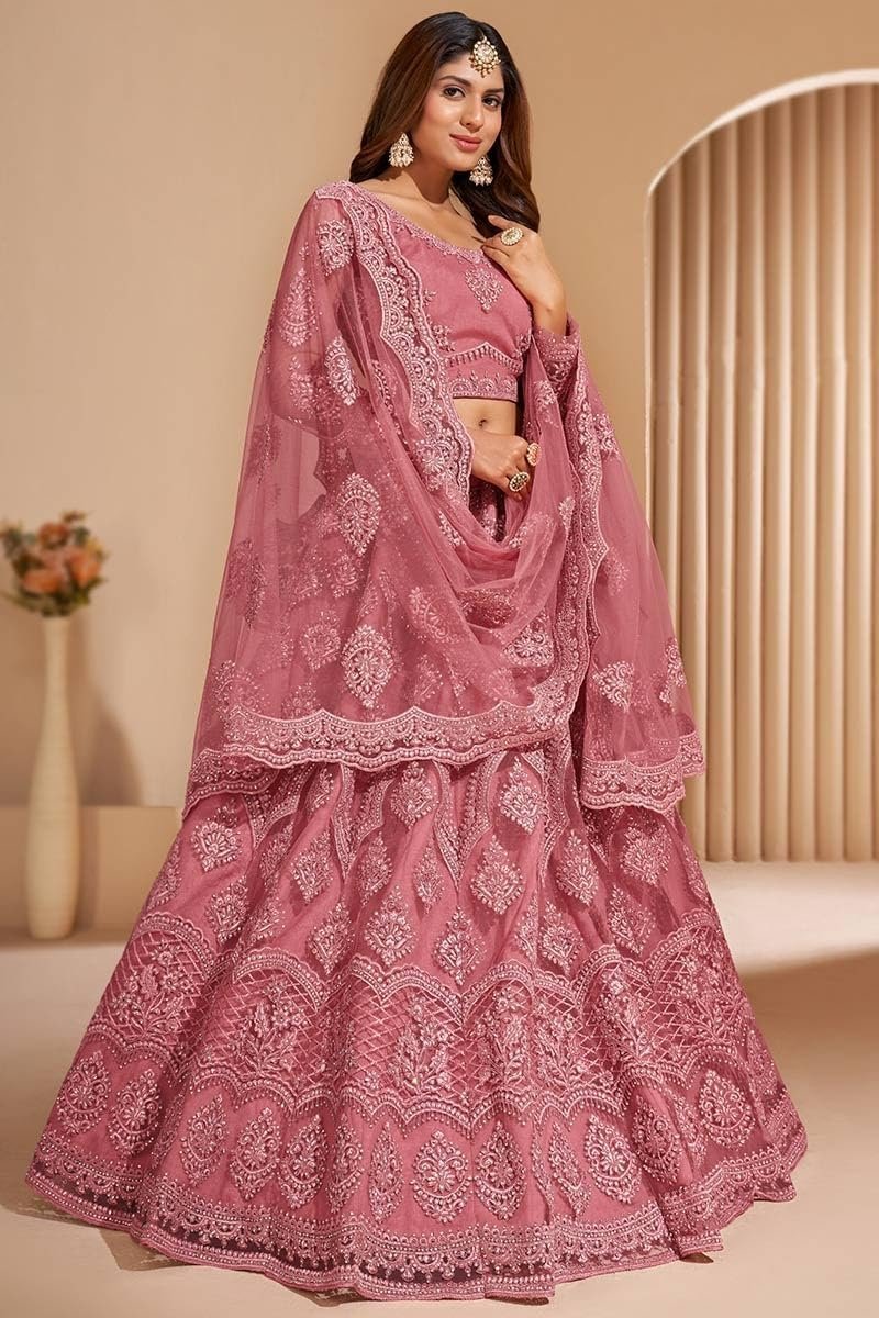 ZAALIMA FASHION Women's Semi Stitched satin blend Lehenga Choli with Embroidered Pattern Unstitched Blouse and Dupatta Set | Women's Lehenga Cholis (Peach)