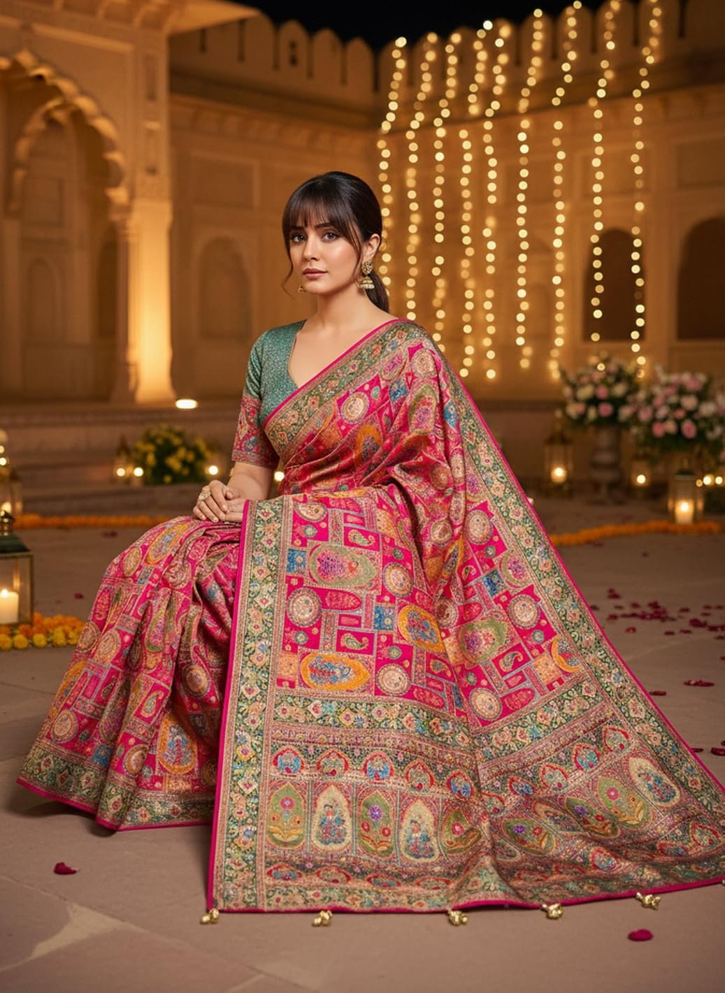 Women’s Luxurious Pure Satin Silk Original Saree Position Print Work Banarasi Kanjivaram Style Saree With Blouse Piece(Elegant117_Pink)