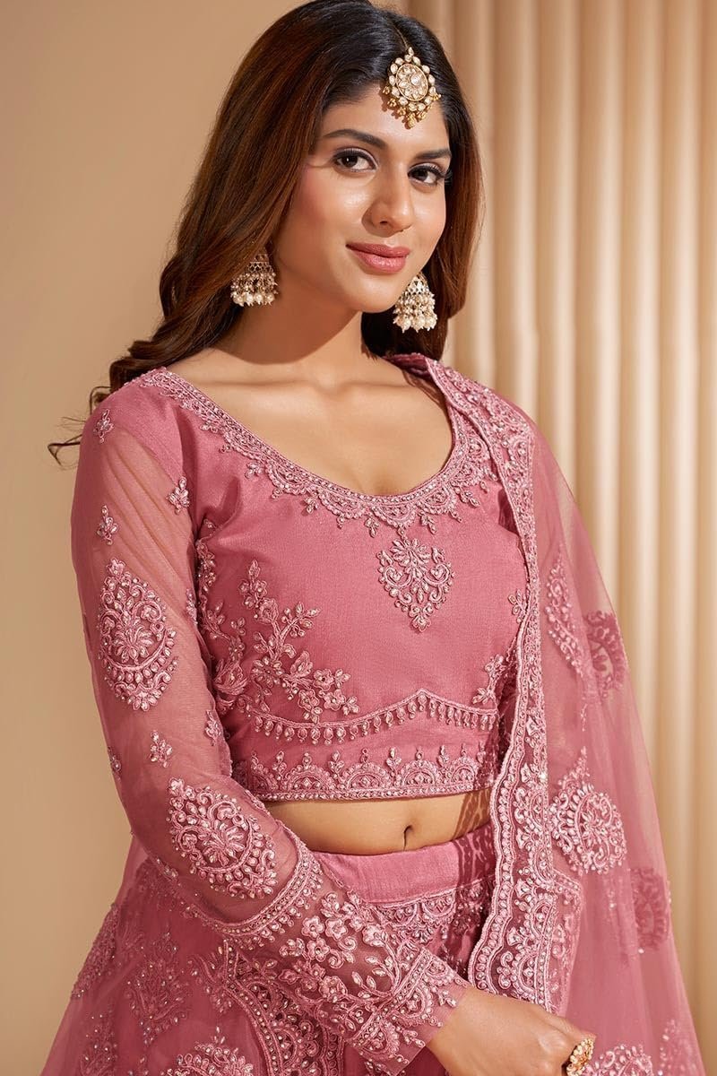 ZAALIMA FASHION Women's Semi Stitched satin blend Lehenga Choli with Embroidered Pattern Unstitched Blouse and Dupatta Set | Women's Lehenga Cholis (Peach)
