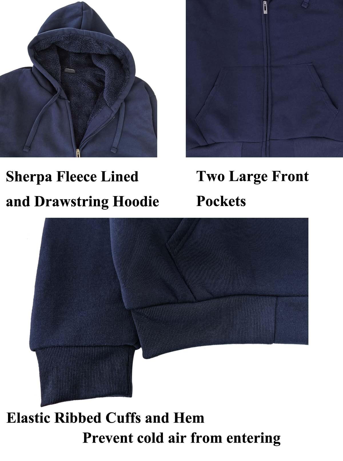 Sherpa Lined Hoodies for Men Heavyweight Full Zip Up Sweatshirt Thick Fleece Jackets Winter Warm Coats, Navy, 4XL