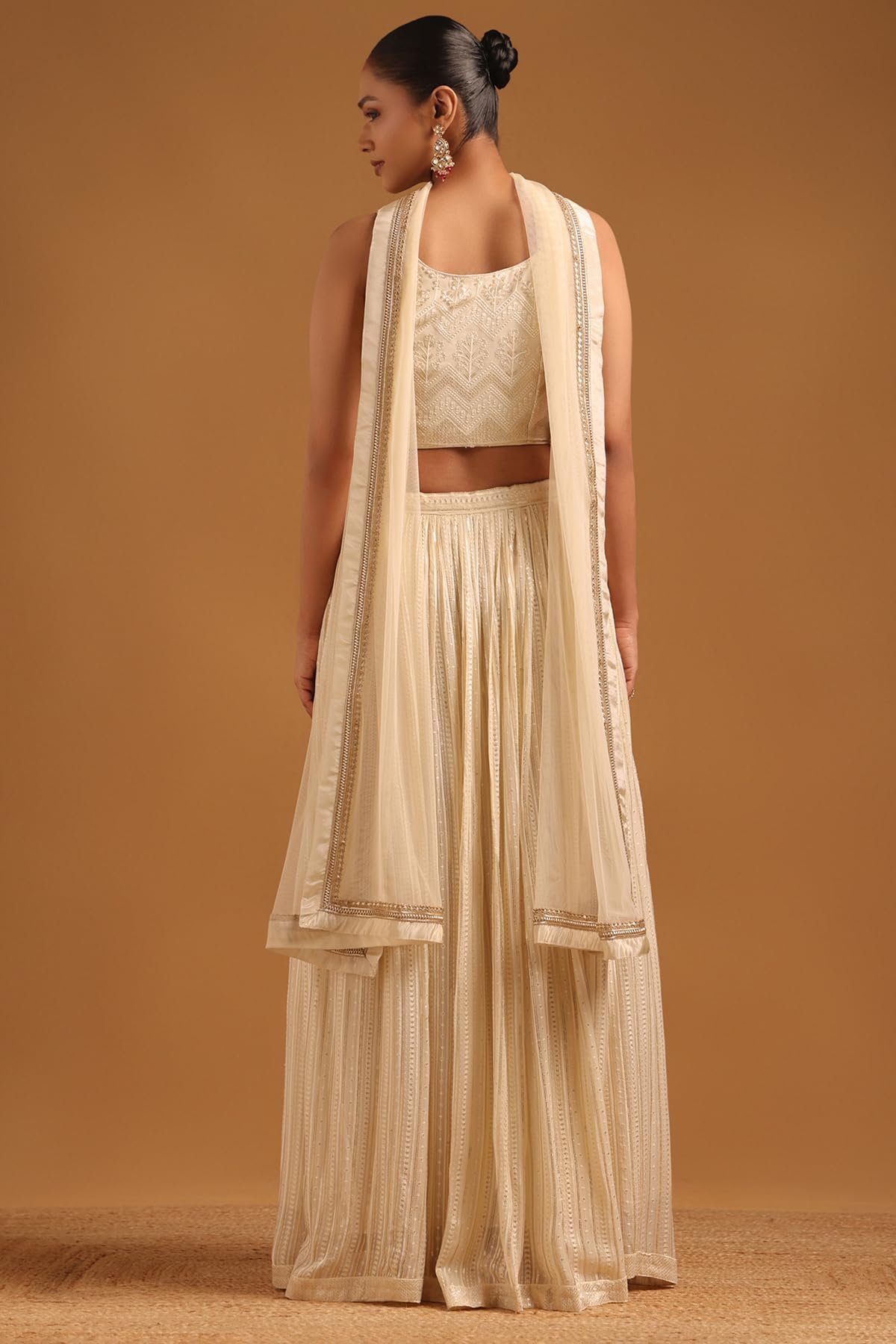 Womens Beige Georgette Ethnic Motifs Lehenga Choli Set With Sequined