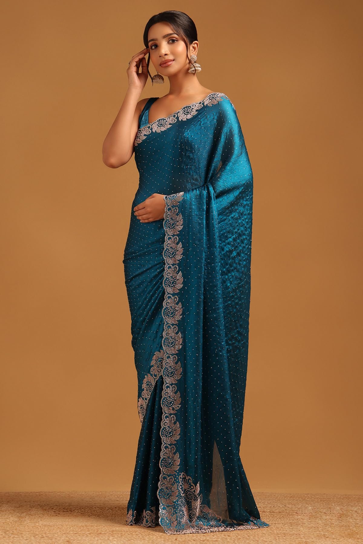 Womens Blue Fendy Organza Embellished Saree With Stone Work