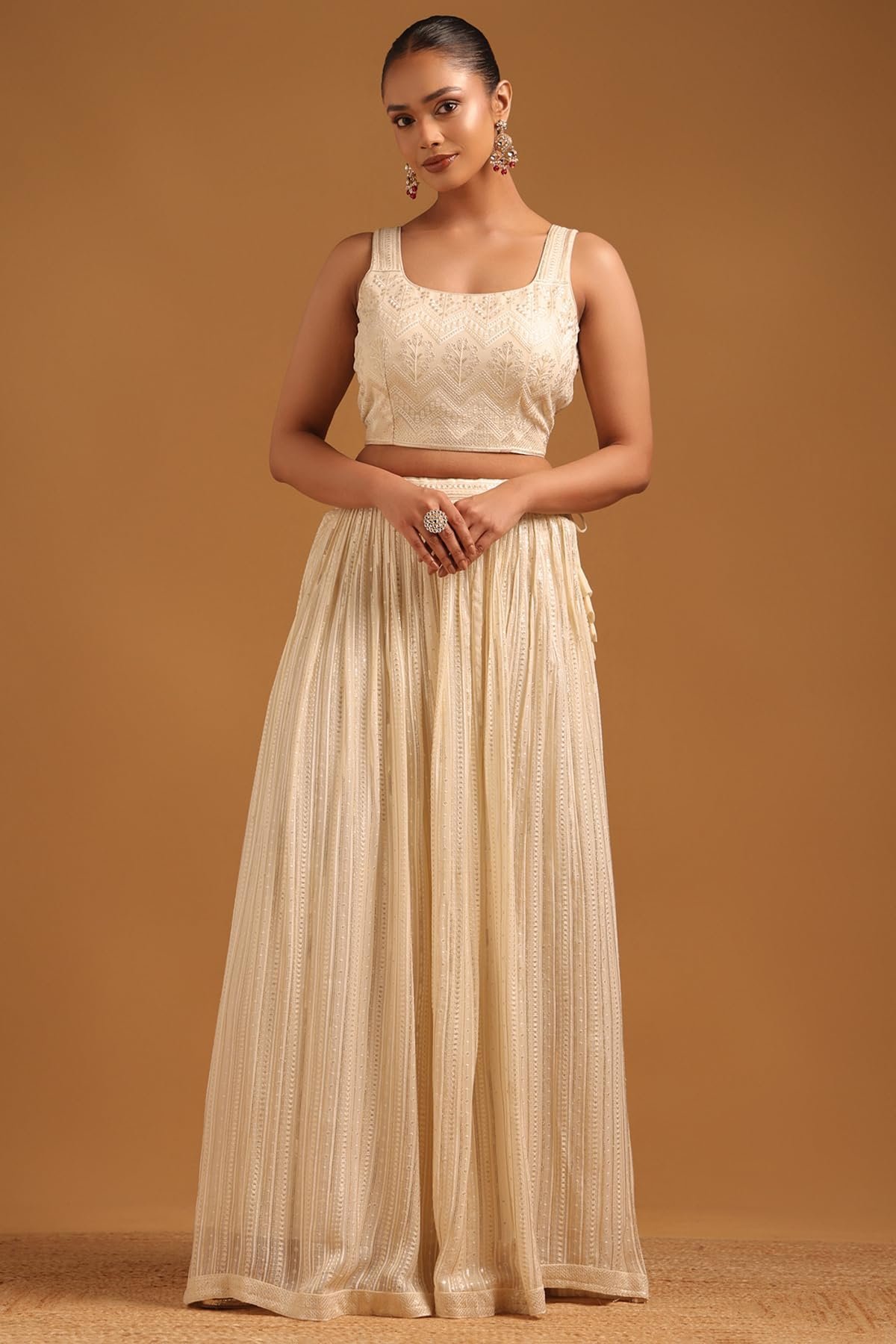 Womens Beige Georgette Ethnic Motifs Lehenga Choli Set With Sequined