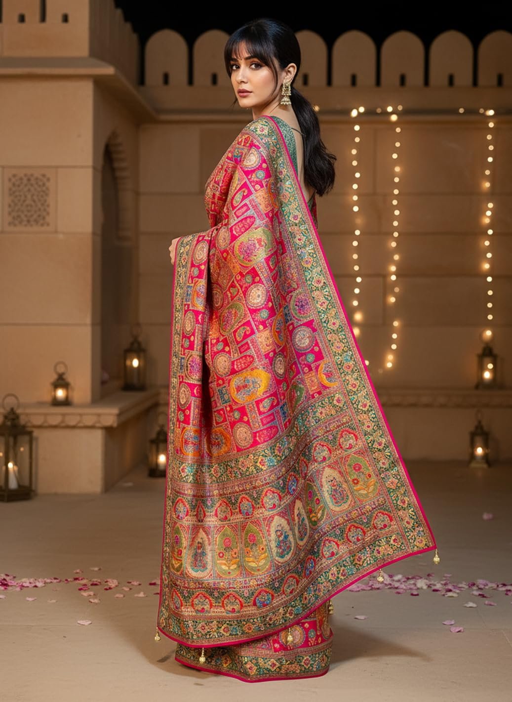 Women’s Luxurious Pure Satin Silk Original Saree Position Print Work Banarasi Kanjivaram Style Saree With Blouse Piece(Elegant117_Pink)