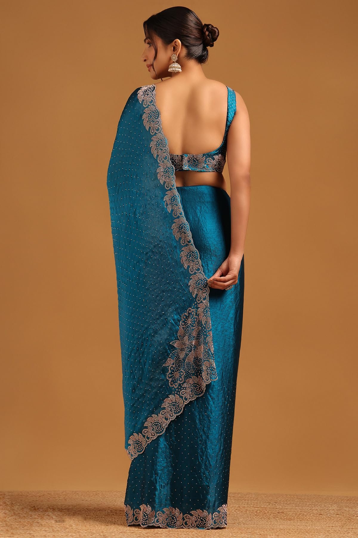 Womens Blue Fendy Organza Embellished Saree With Stone Work