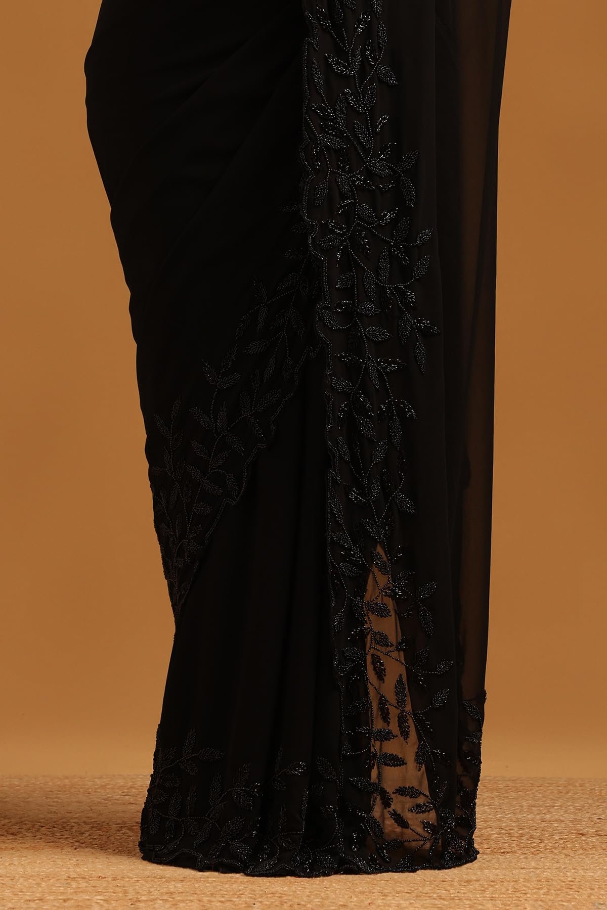 Womens Black Georgette Botanical Saree With Beads