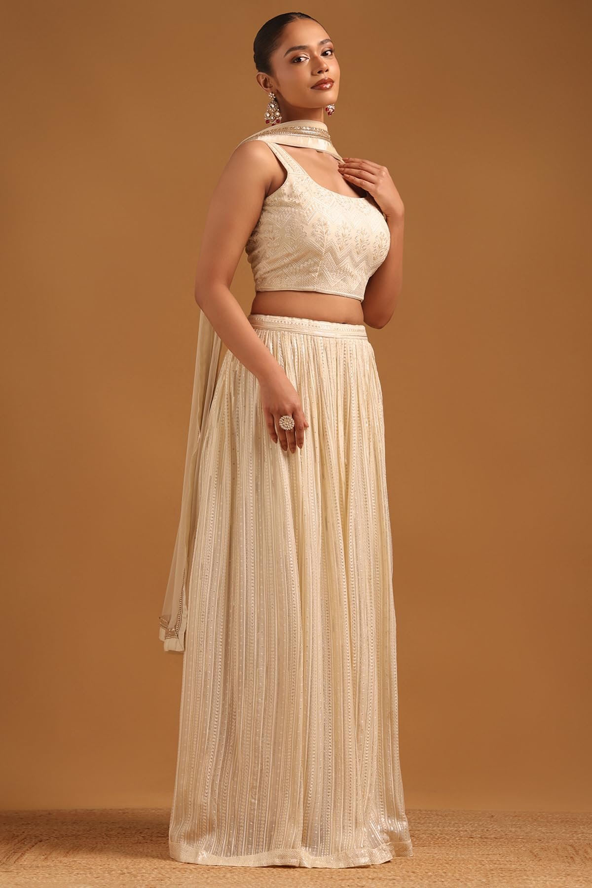 Womens Beige Georgette Ethnic Motifs Lehenga Choli Set With Sequined