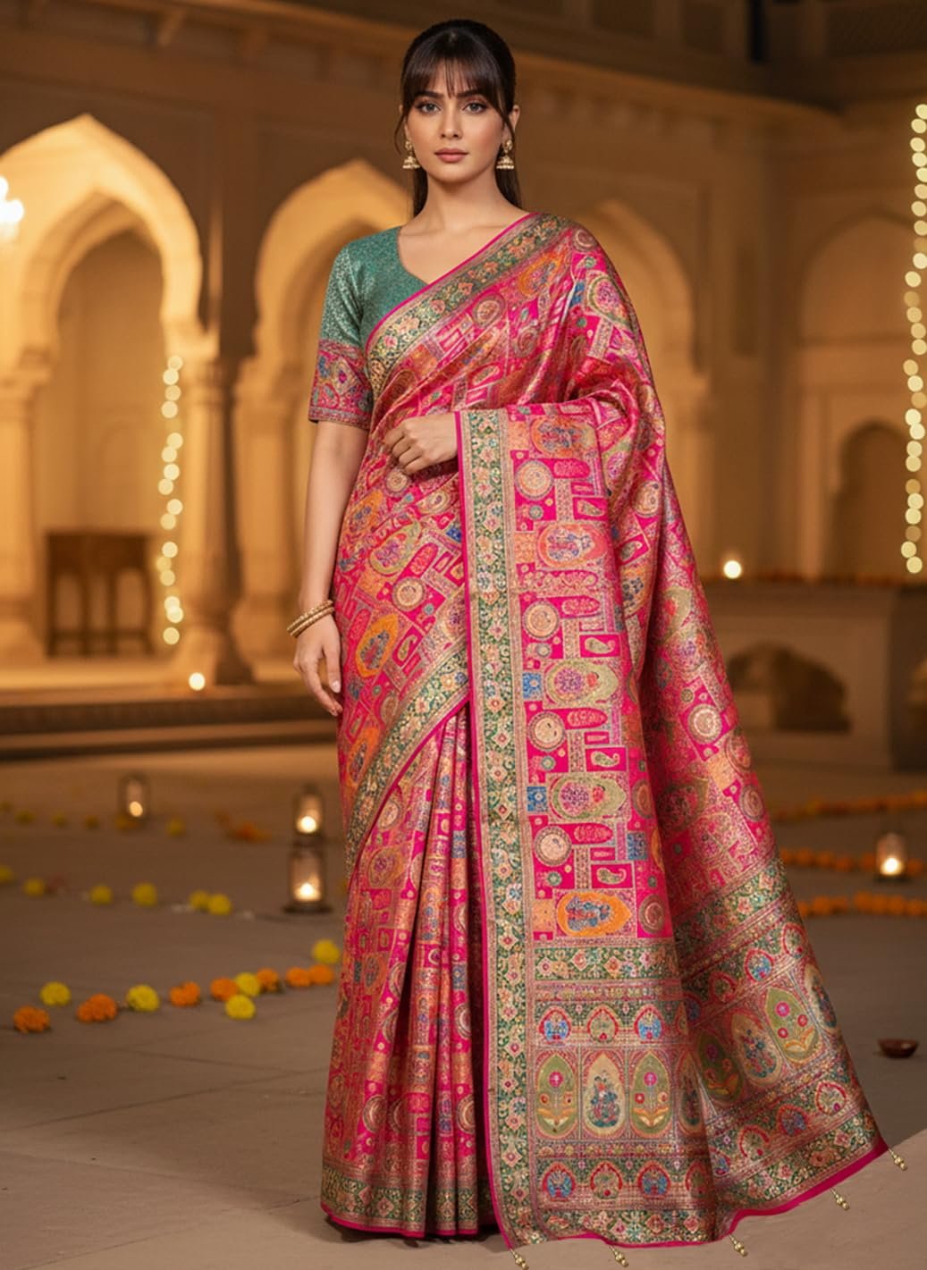 Women’s Luxurious Pure Satin Silk Original Saree Position Print Work Banarasi Kanjivaram Style Saree With Blouse Piece(Elegant117_Pink)