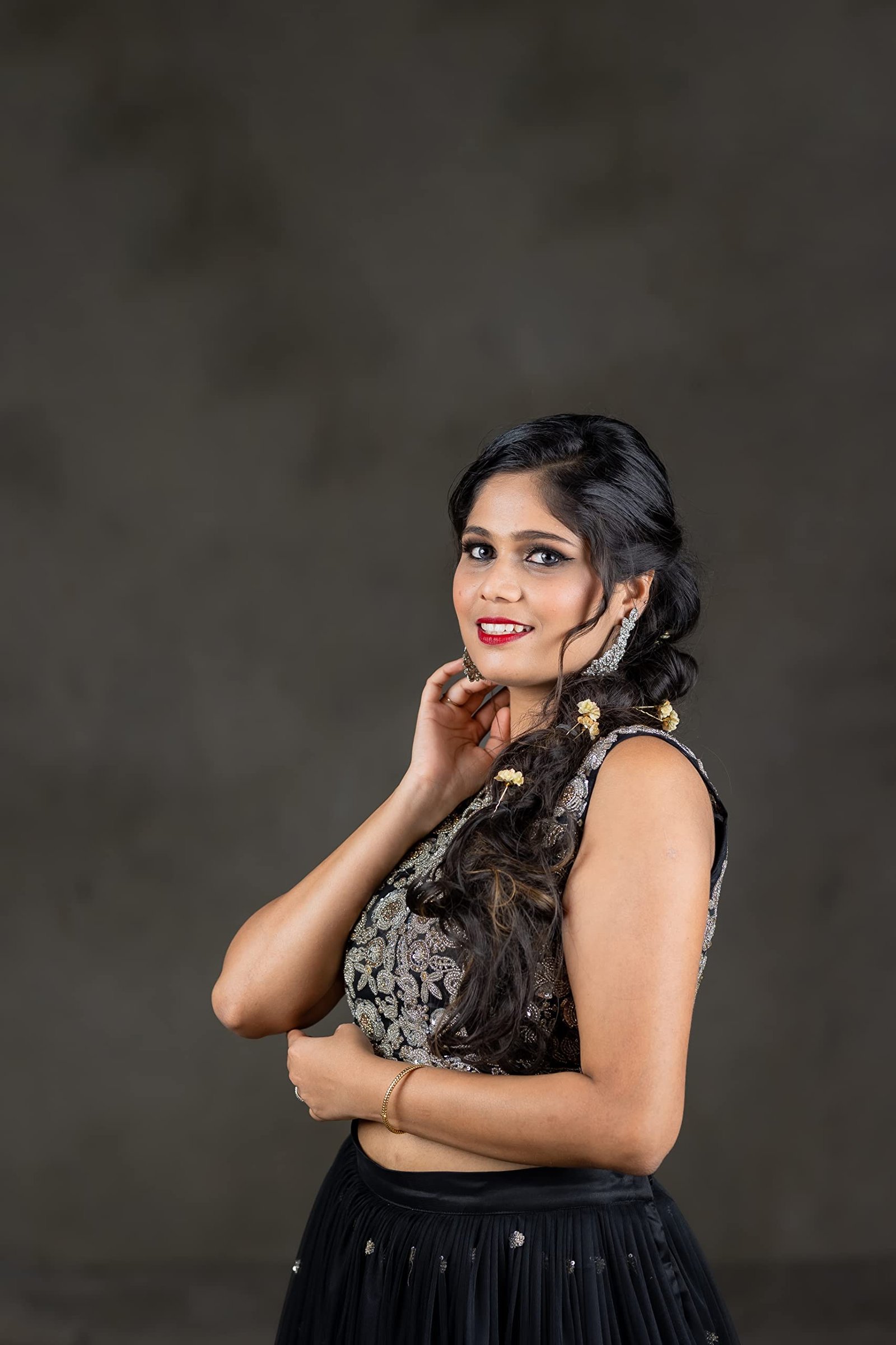 BLACK SLIVER EMBROIDERED CROP TOP & LEHENGA (Small)