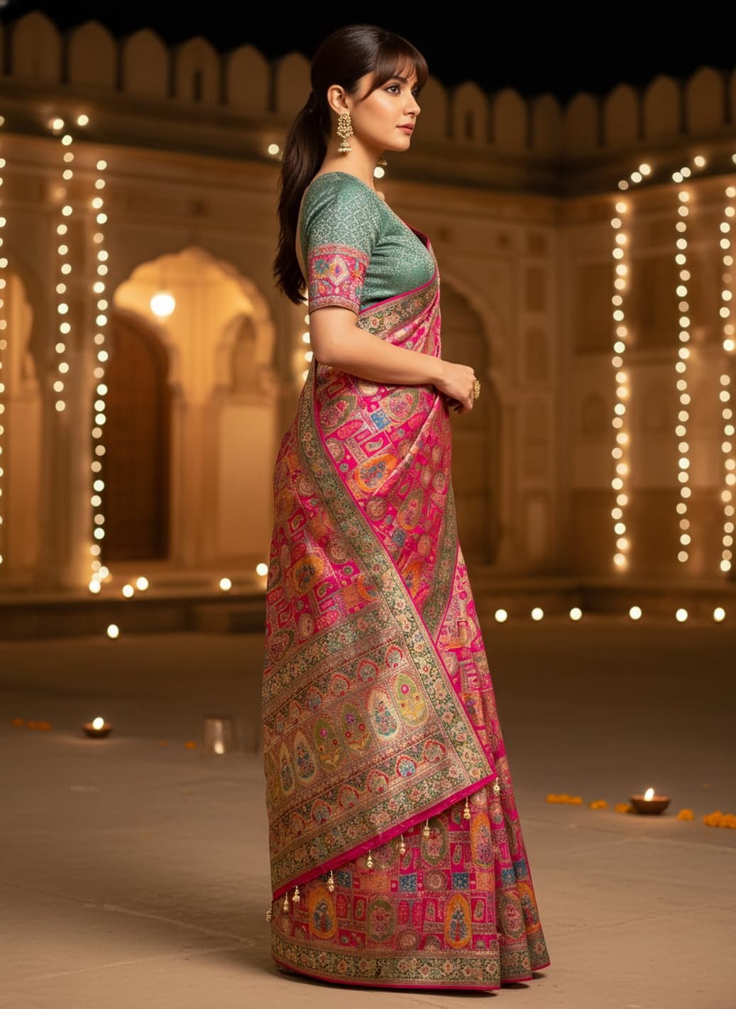 Women’s Luxurious Pure Satin Silk Original Saree Position Print Work Banarasi Kanjivaram Style Saree With Blouse Piece(Elegant117_Pink)