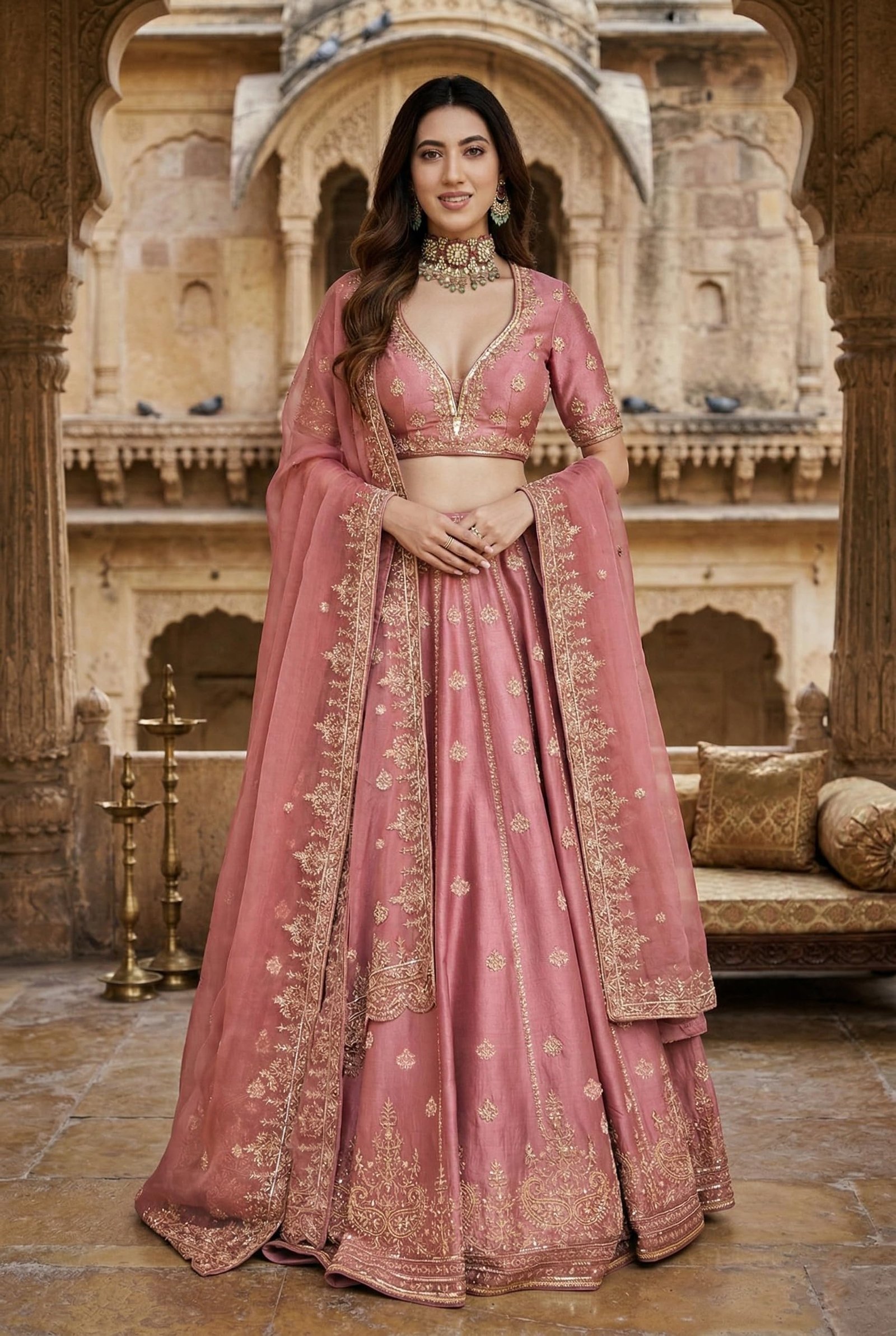 Women's Satin Embroidery Sequence Work Lehenga Choli Unstitch Blouse with Dupatta For Women (L257-DarkPeach-Semi-Stitch)