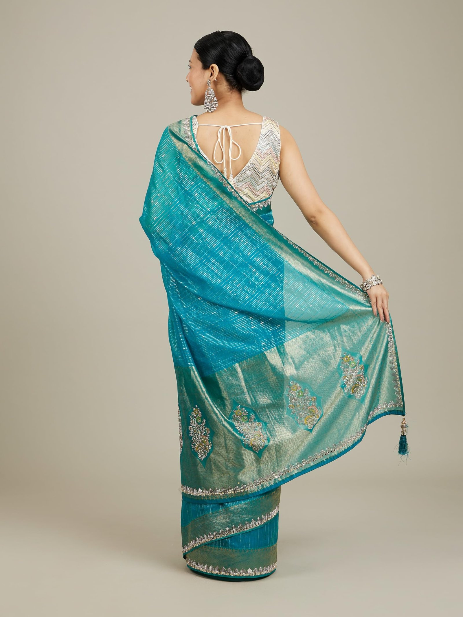 Women's Art Silk Mirror Work Zari Saree(Teal Blue)