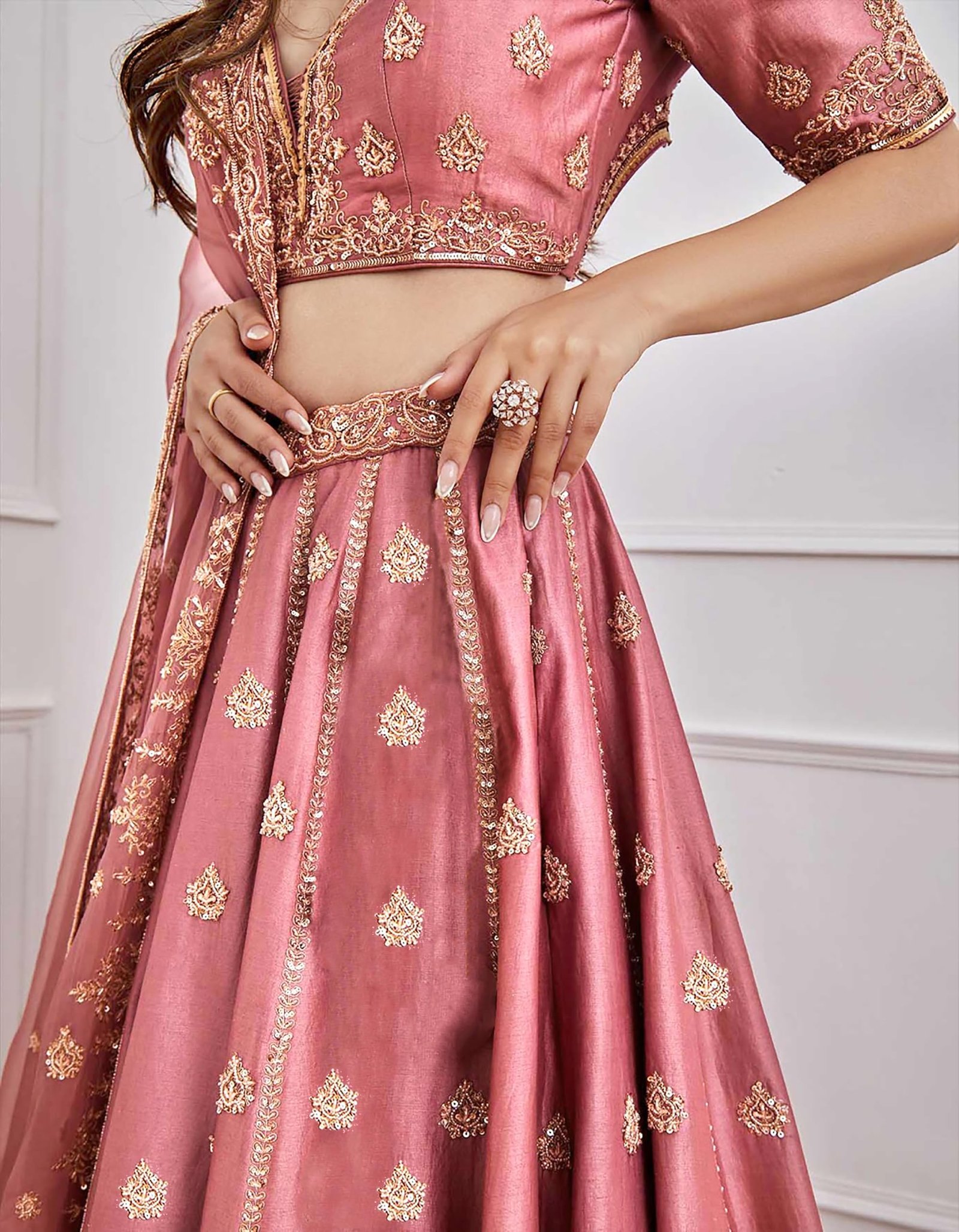 Women's Satin Embroidery Sequence Work Lehenga Choli Unstitch Blouse with Dupatta For Women (L257-DarkPeach-Semi-Stitch)