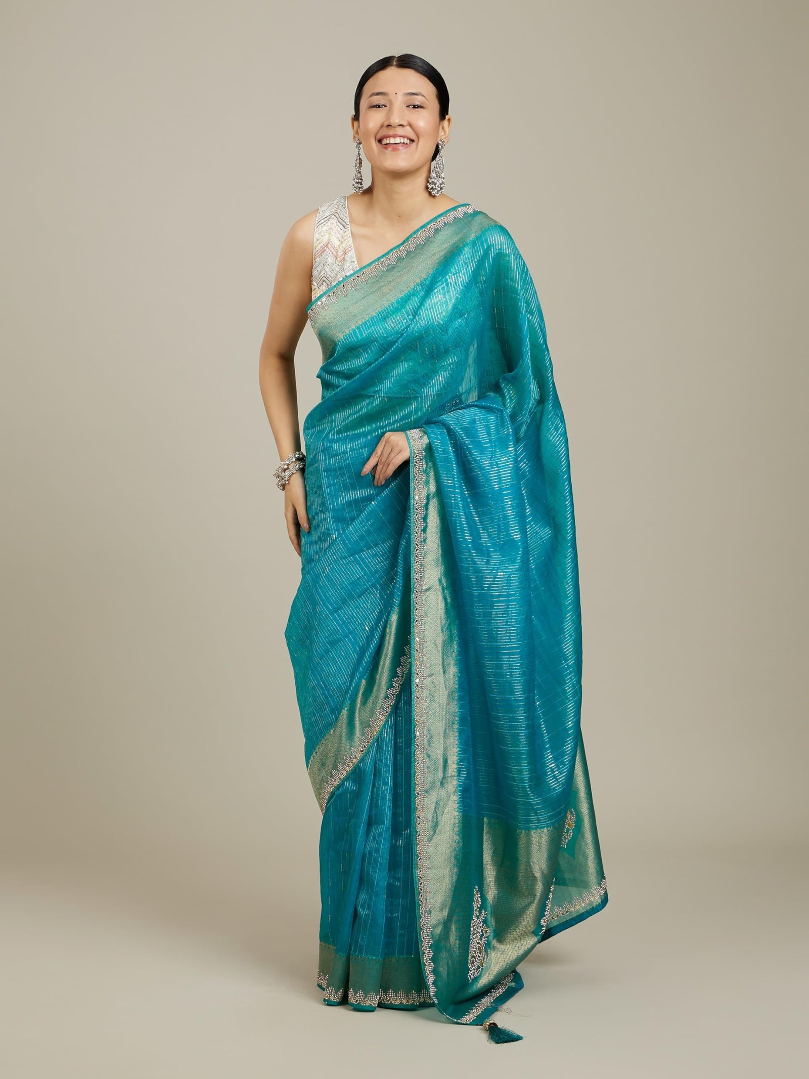 Women's Art Silk Mirror Work Zari Saree(Teal Blue)