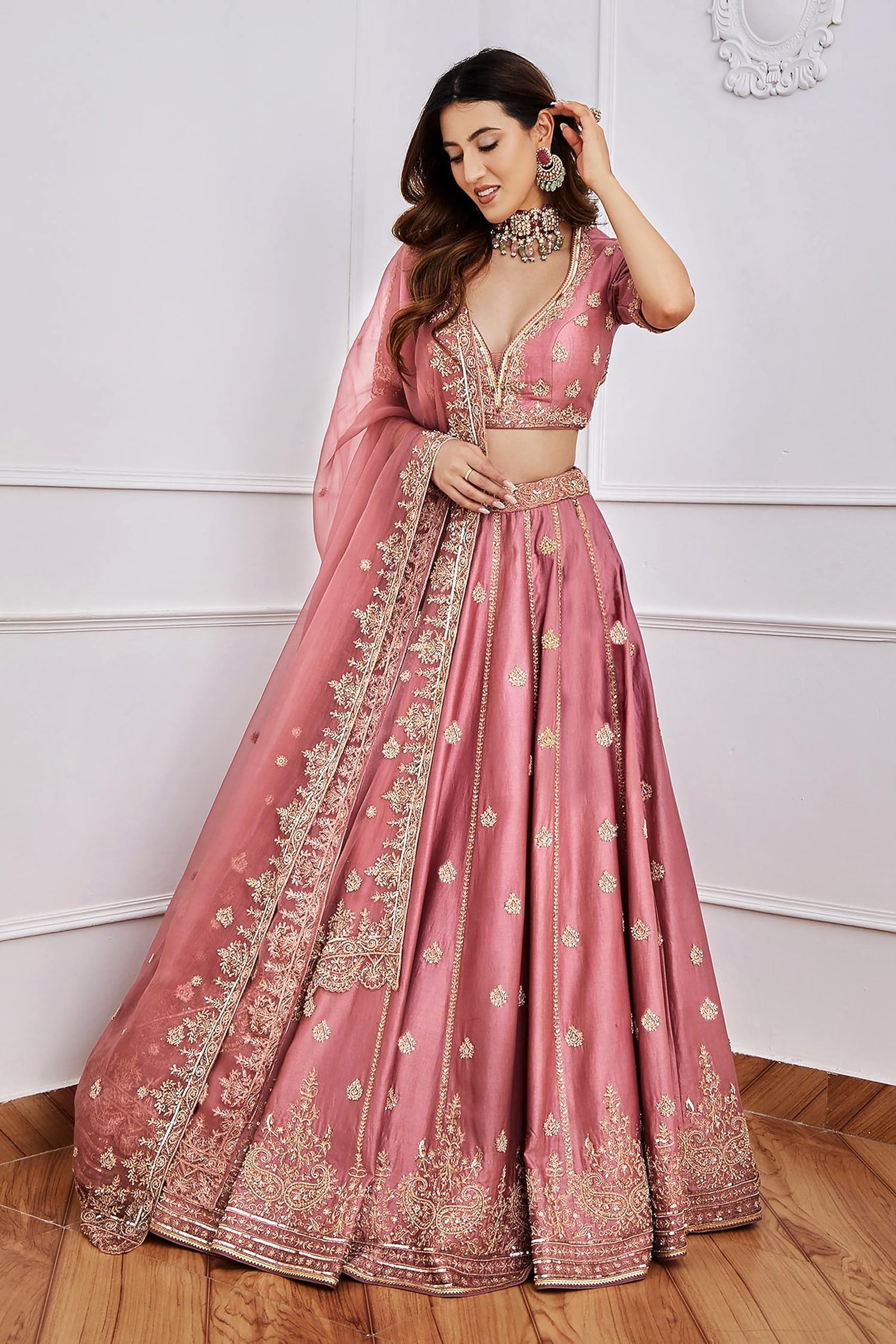 Women's Satin Embroidery Sequence Work Lehenga Choli Unstitch Blouse with Dupatta For Women (L257-DarkPeach-Semi-Stitch)