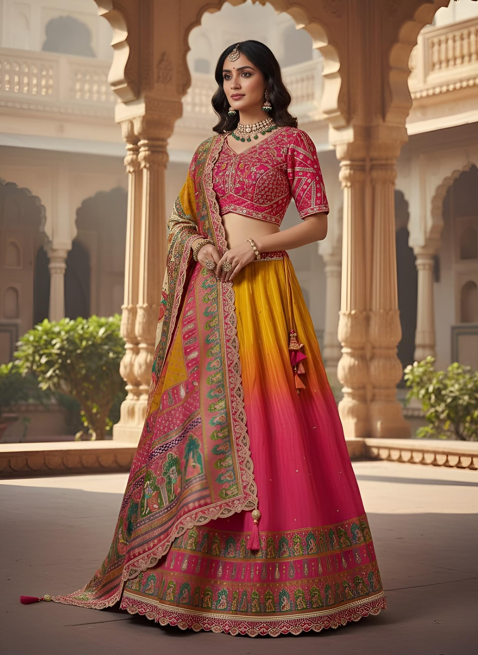 Women's Embroidered Lehenga Choli Set, Pink and Yellow Ombre, Silk Blend