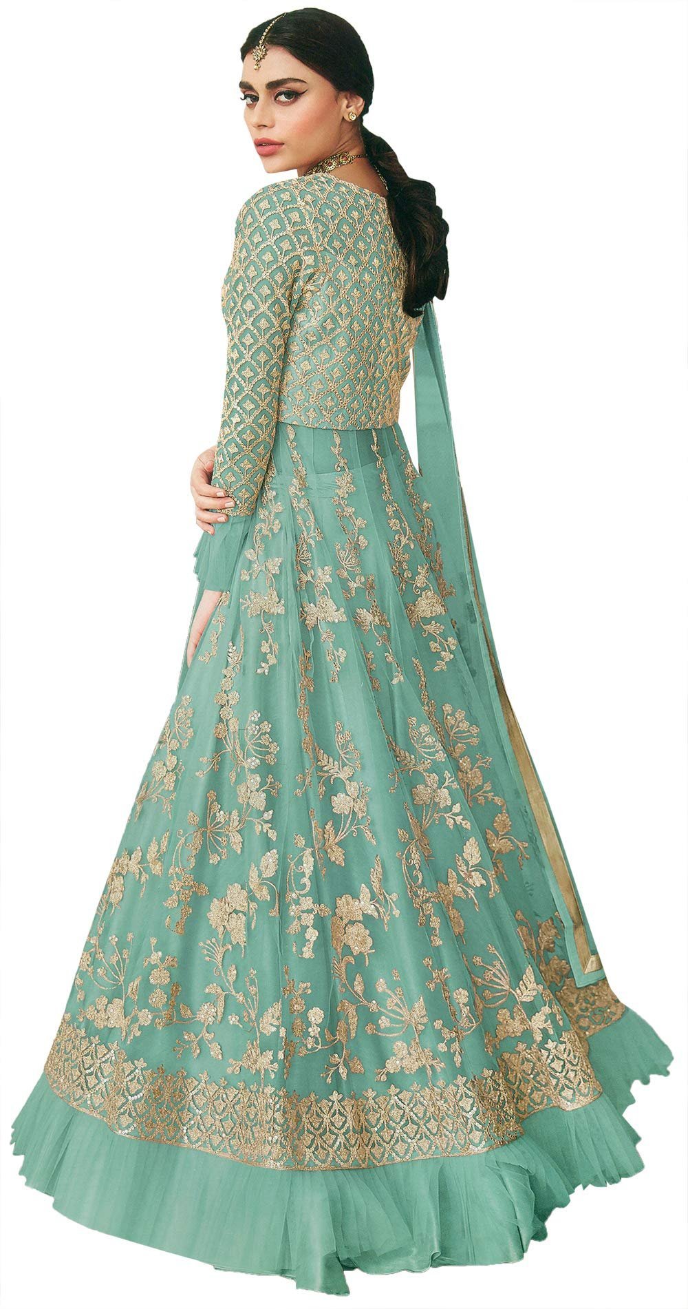 Women's Silk and Net Lehenga Choli with Crystal Studded Crop Top (Green, 36)