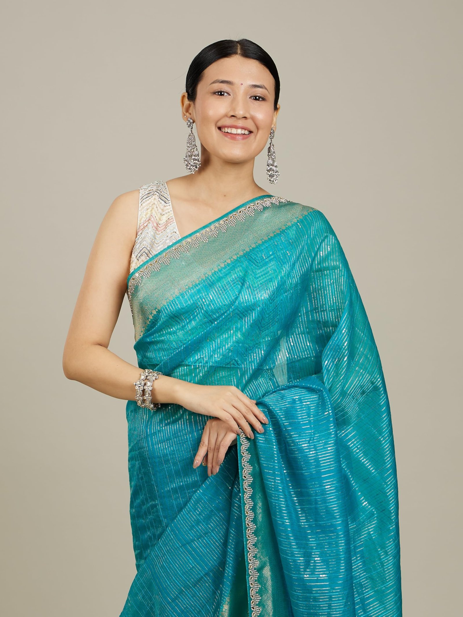 Women's Art Silk Mirror Work Zari Saree(Teal Blue)