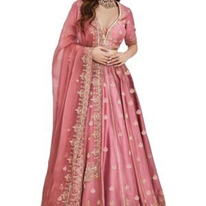 Women's Satin Embroidery Sequence Work Lehenga Choli Unstitch Blouse with Dupatta For Women (L257-DarkPeach-Semi-Stitch)