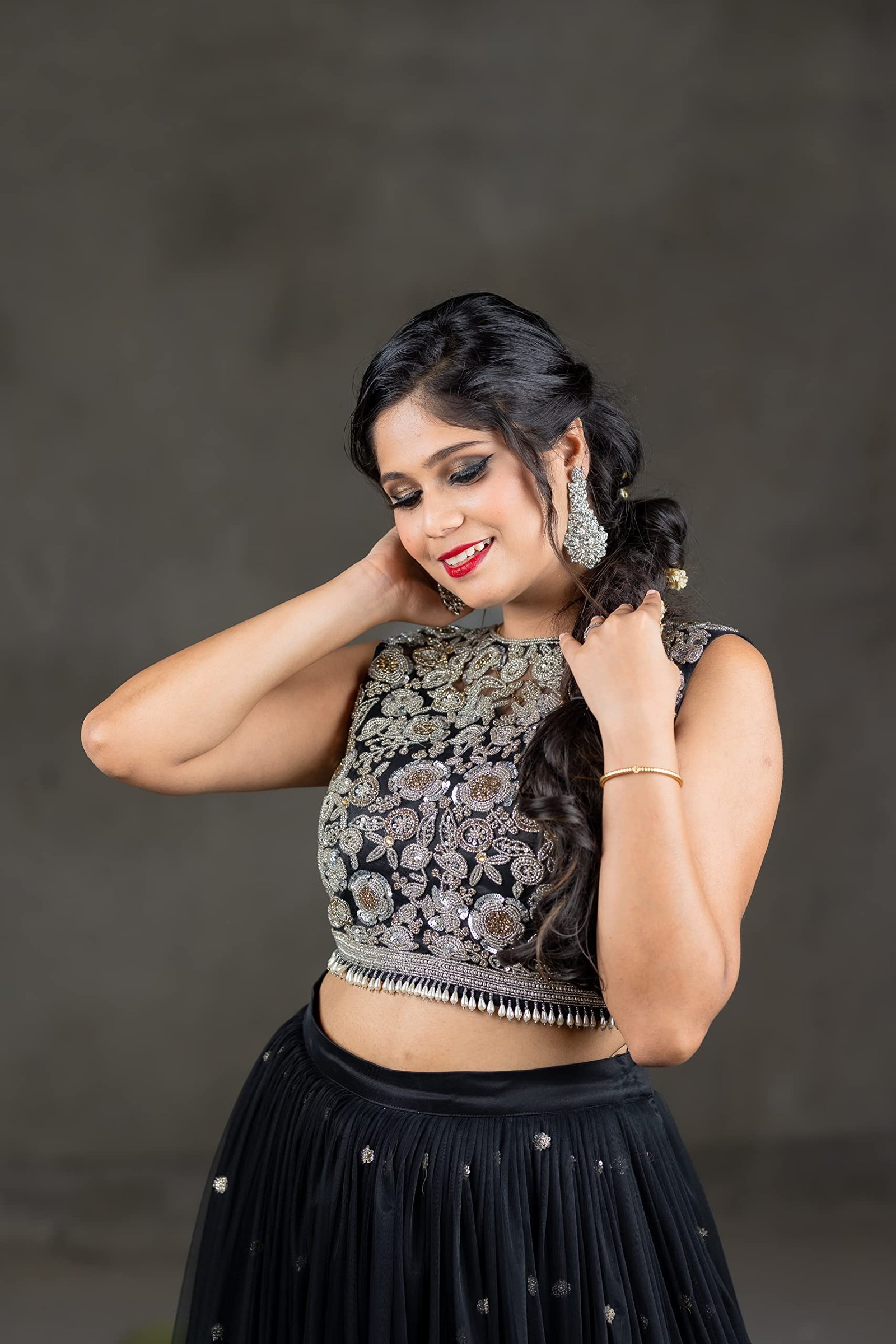 BLACK SLIVER EMBROIDERED CROP TOP & LEHENGA (Small)