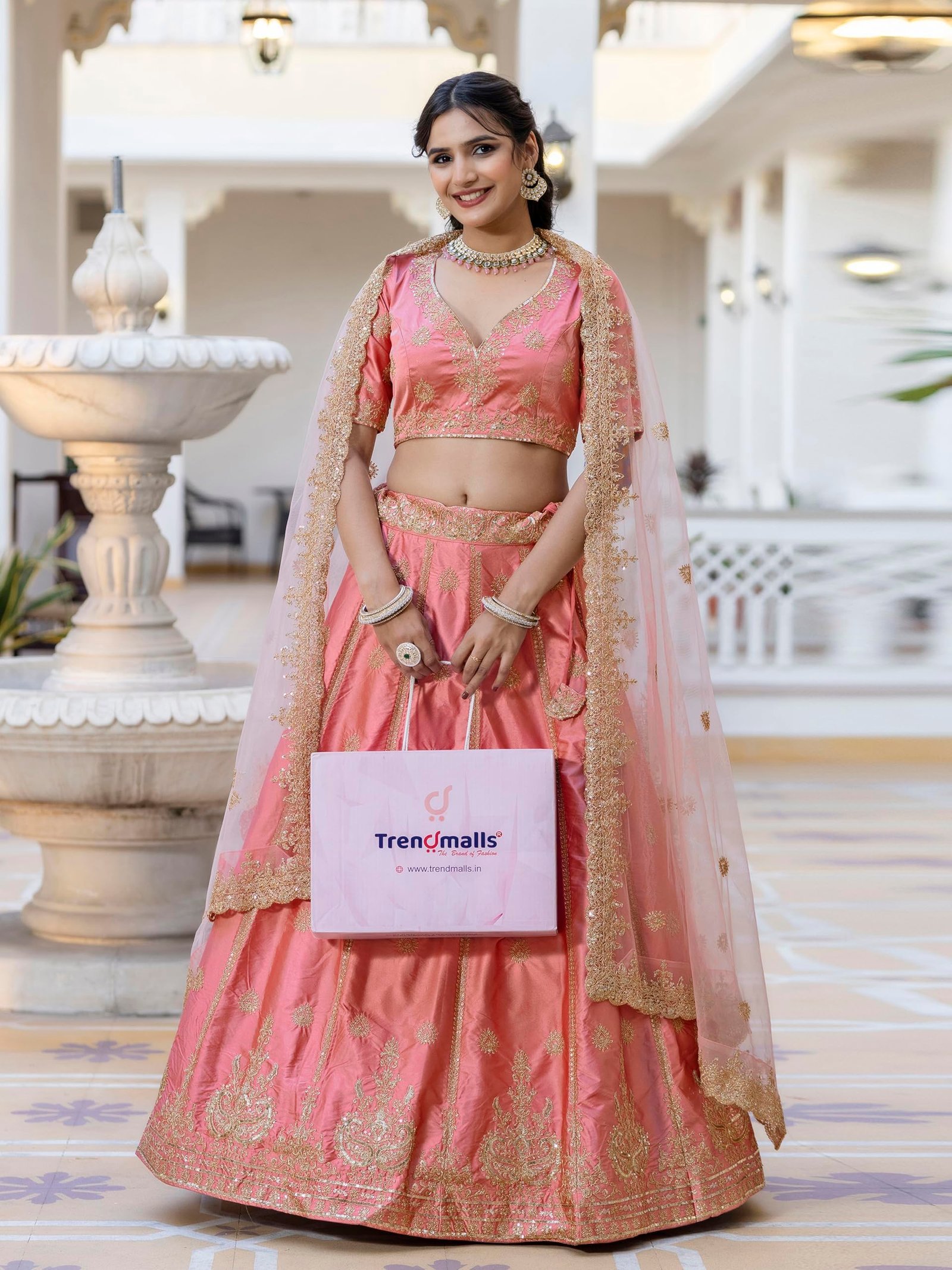 Women's Satin Embroidery Sequence Work Lehenga Choli Unstitch Blouse with Dupatta For Women (L257-DarkPeach-Semi-Stitch)