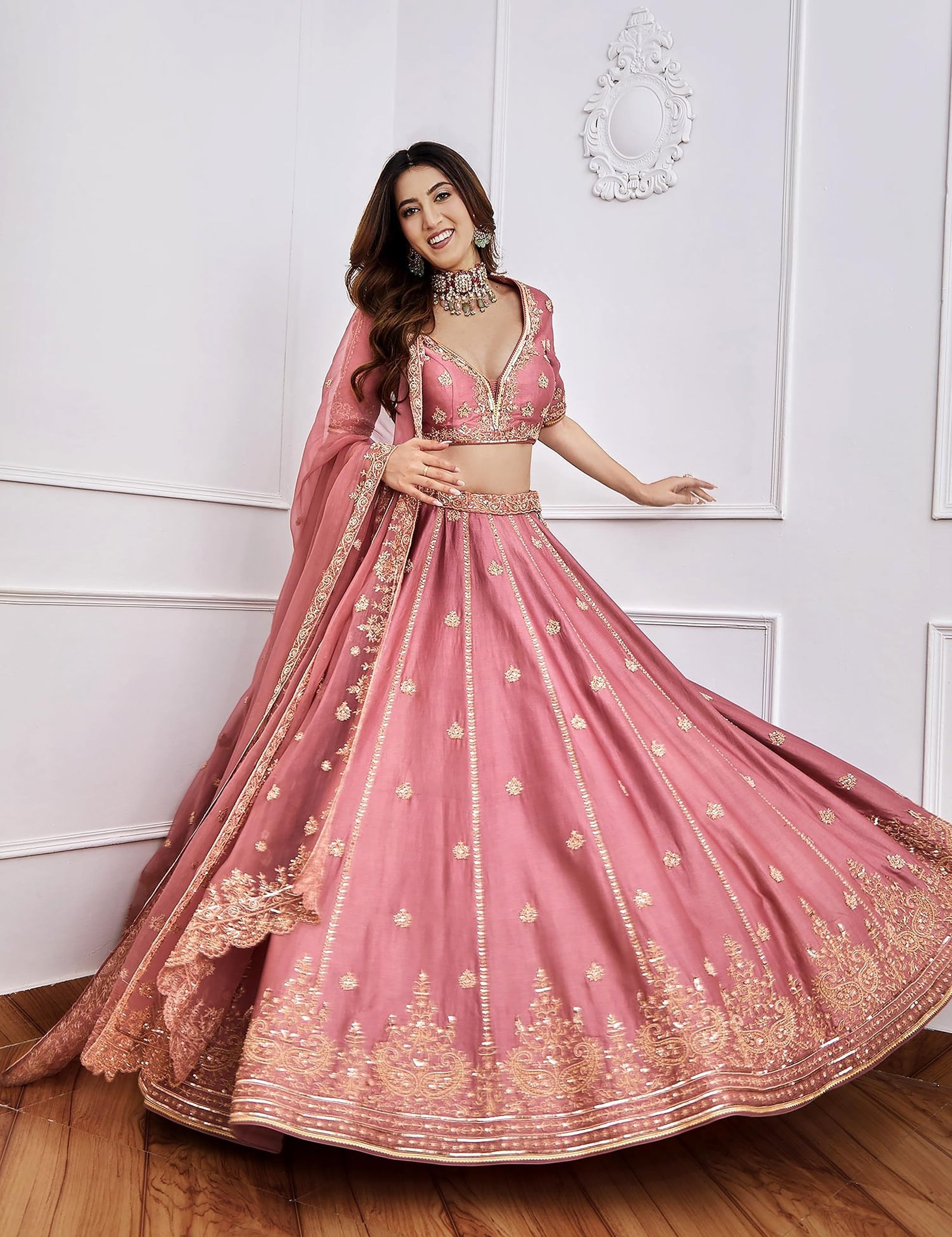 Women's Satin Embroidery Sequence Work Lehenga Choli Unstitch Blouse with Dupatta For Women (L257-DarkPeach-Semi-Stitch)